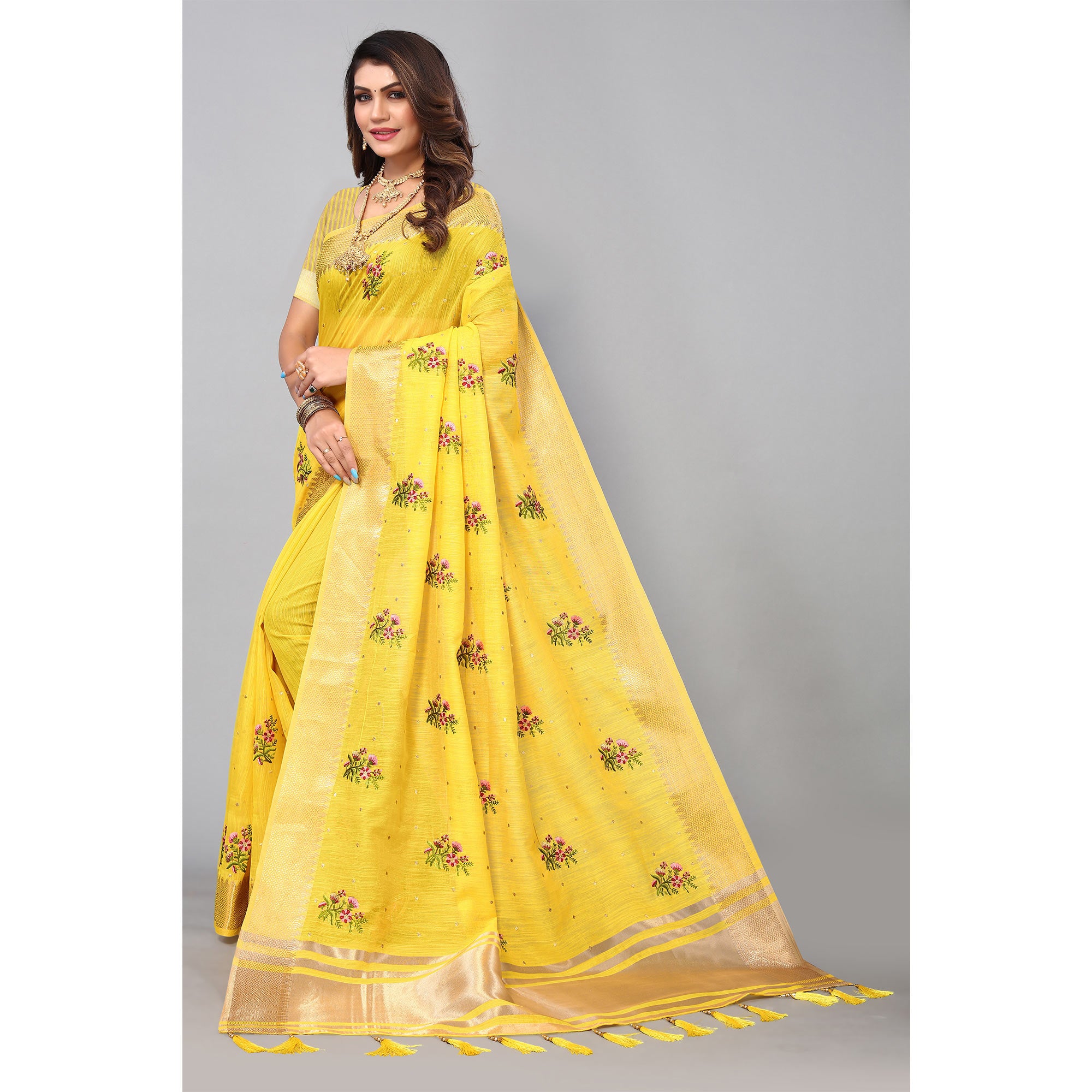 Yellow Floral Embroidered Cotton Silk Saree With Zari Border