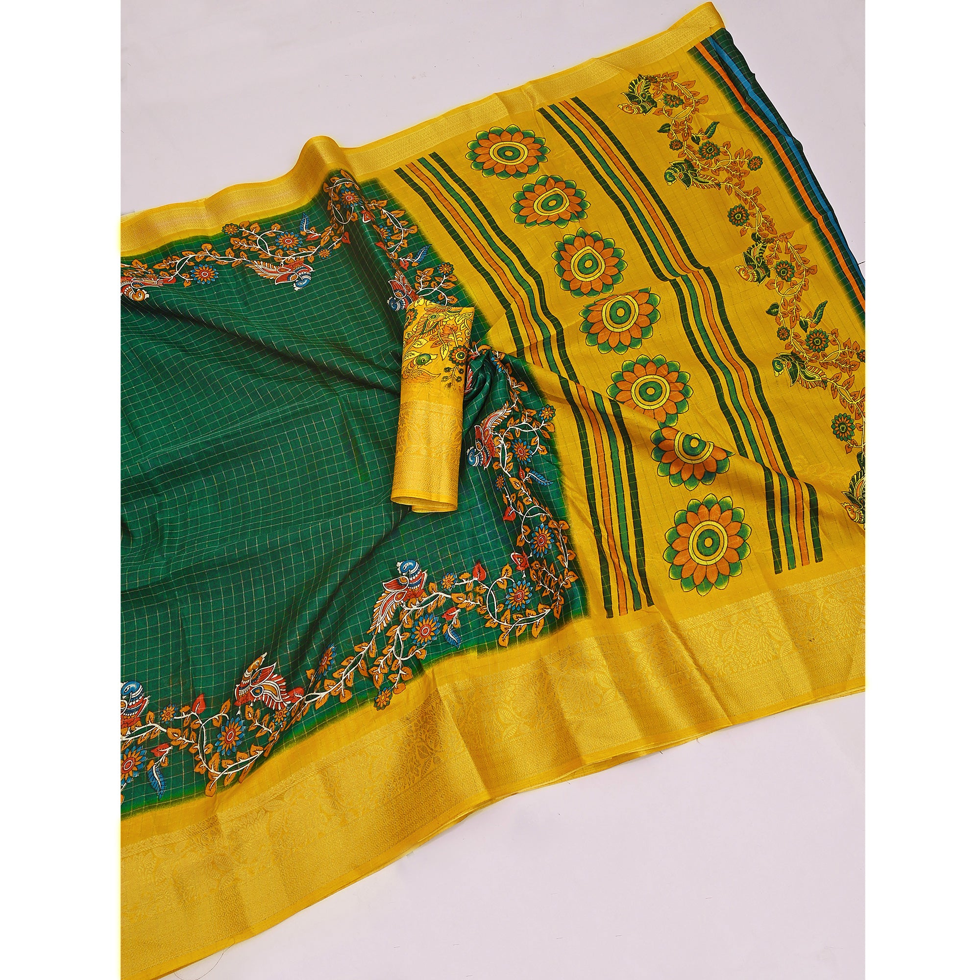 Sophisticated Green Checks & Peacock Design Saree Crafted In Dola Silk With Weaving Jacquard Border