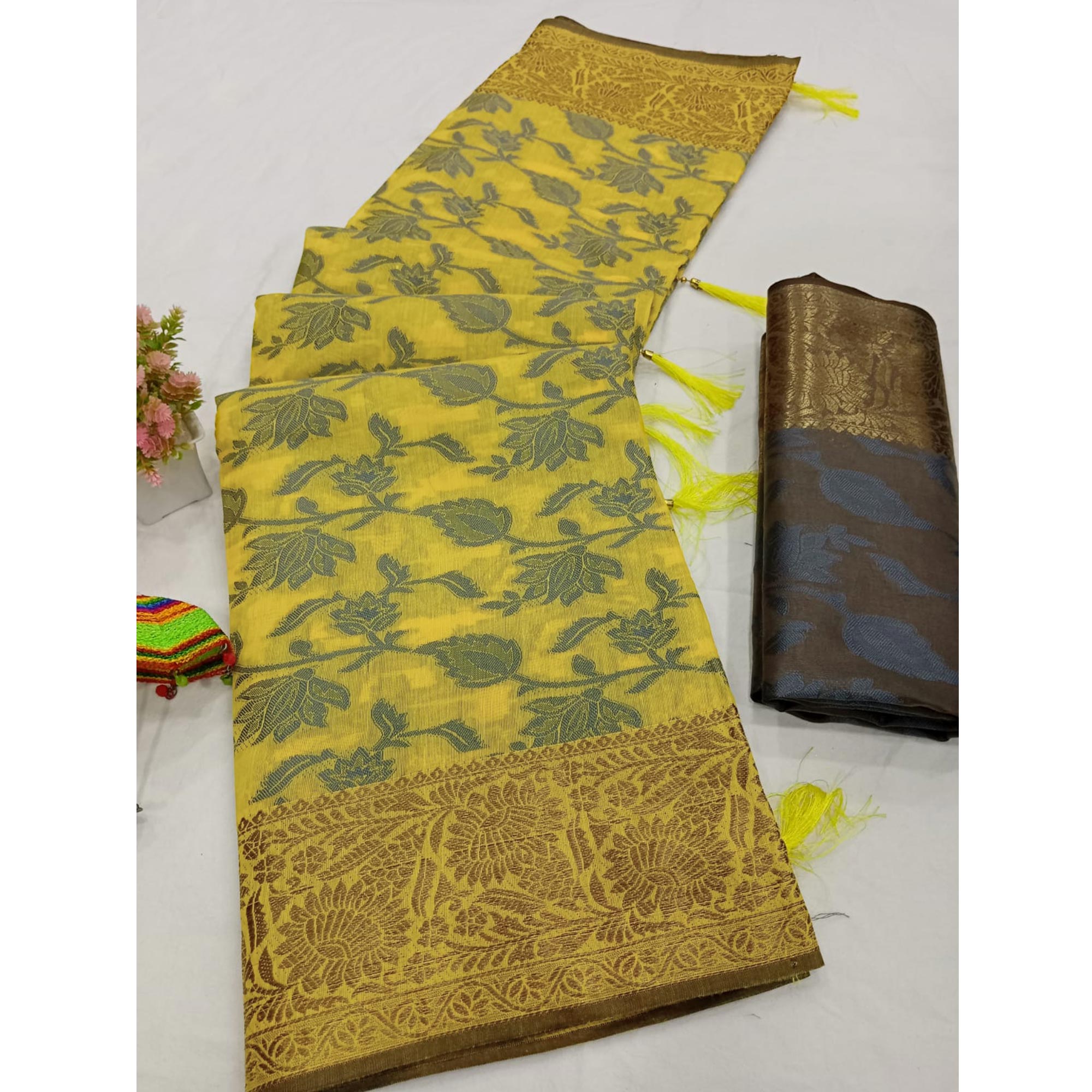 Yellow Floral Woven Cotton Silk Saree With Tassels