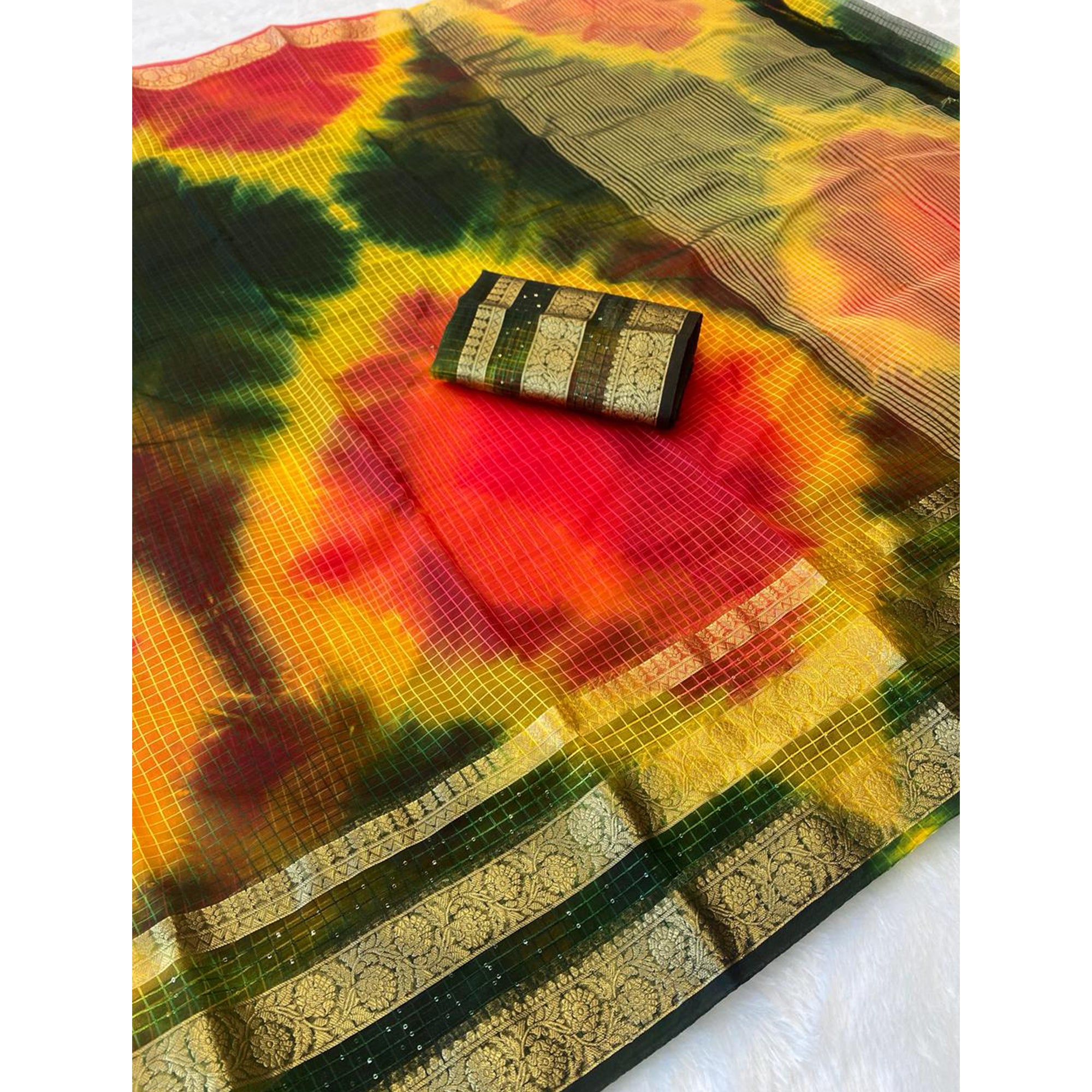 Classic Yellow & Red Kerala Inspired Checked Weaving Organza Saree