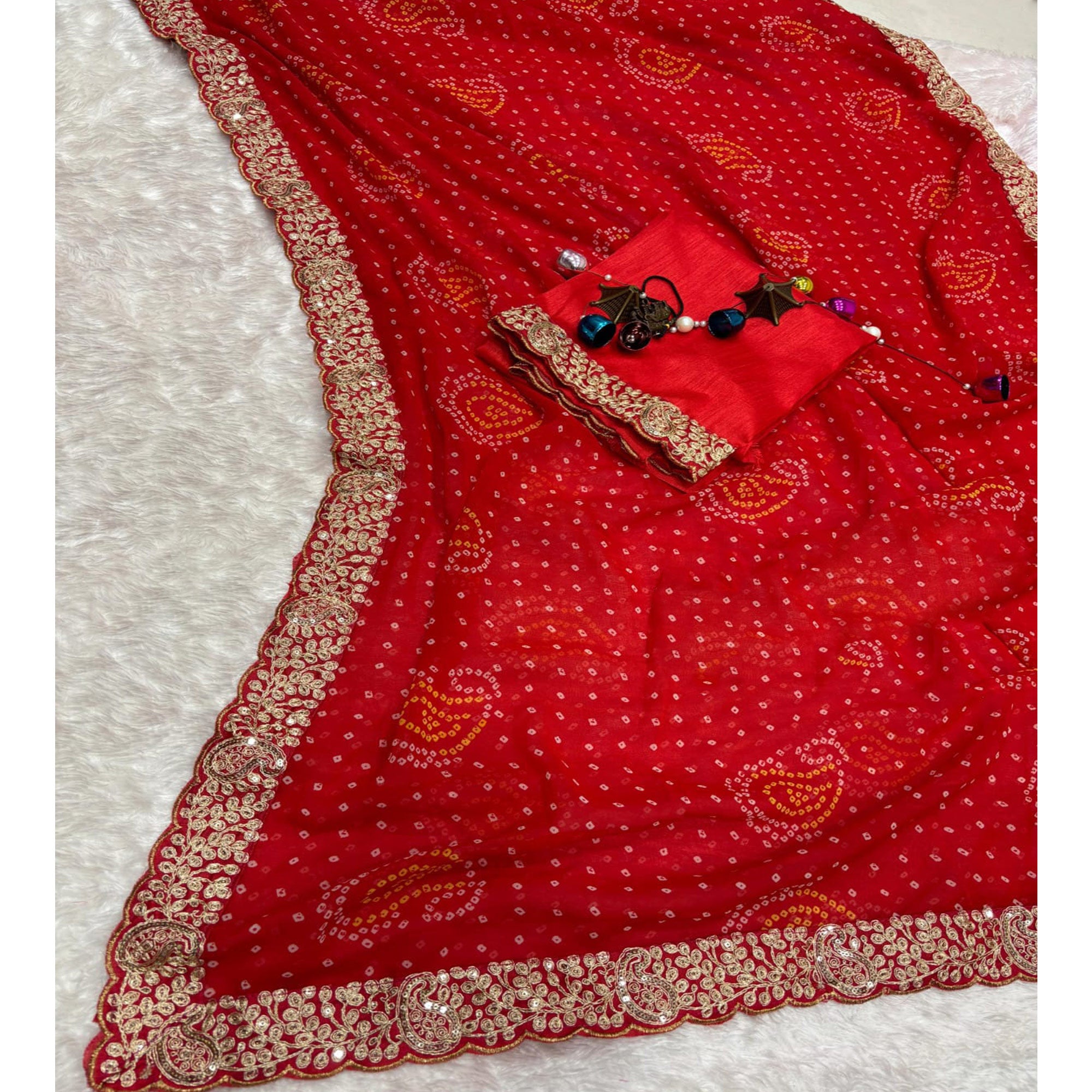 Red Bandhani Printed Georgette Saree With Embroidered Border