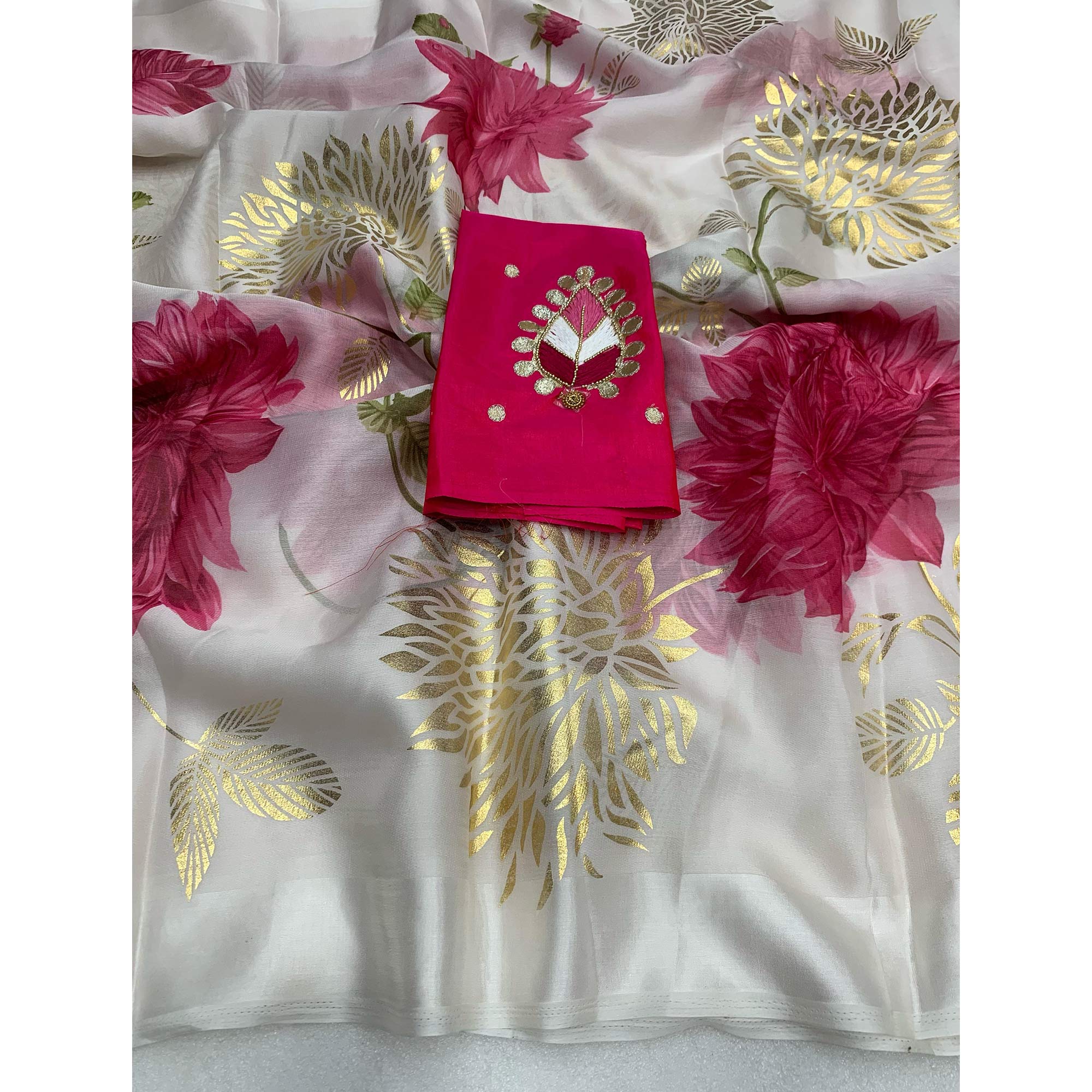 White Floral Foil Printed Organza Saree