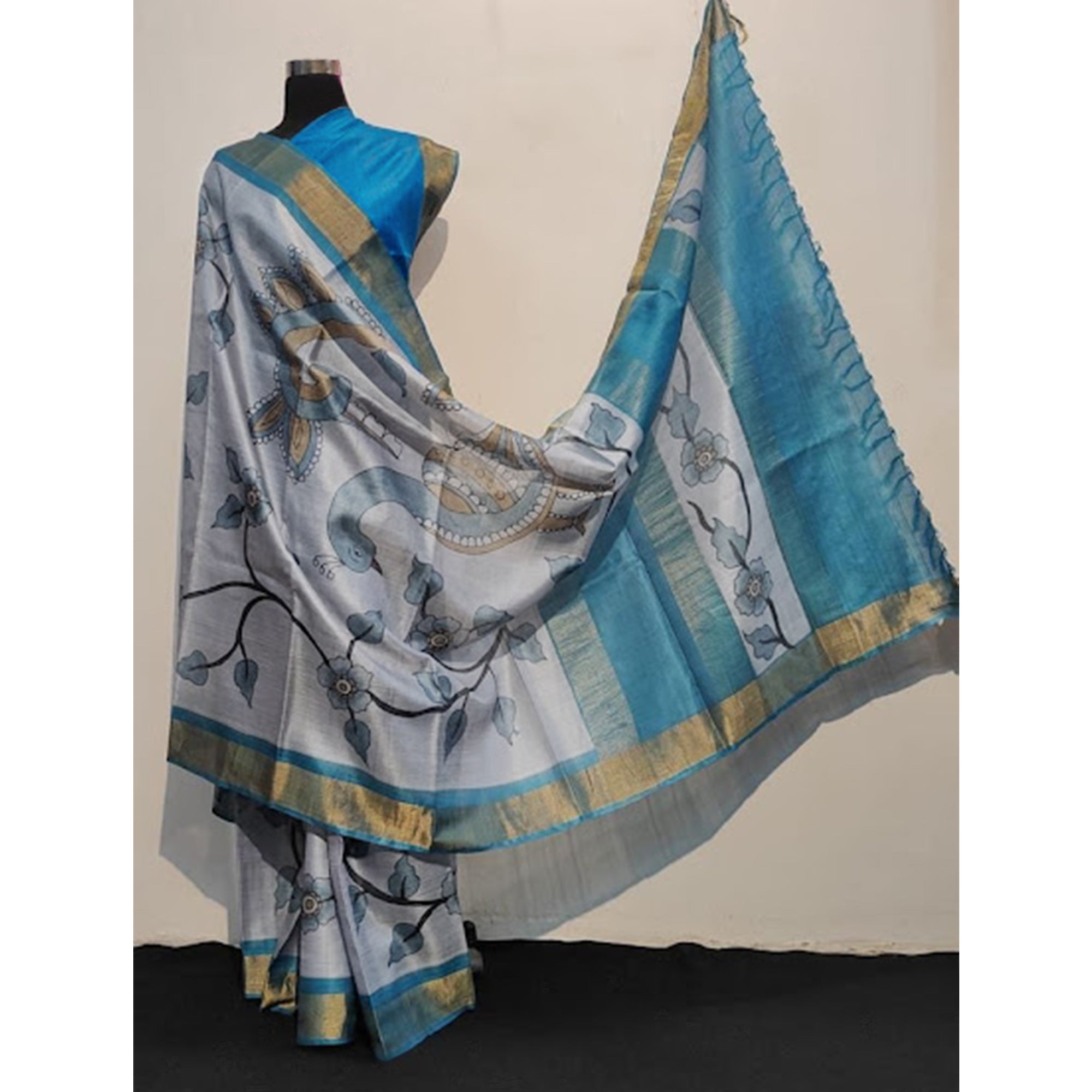 Sky Blue Floral Printed Tussar Silk Saree