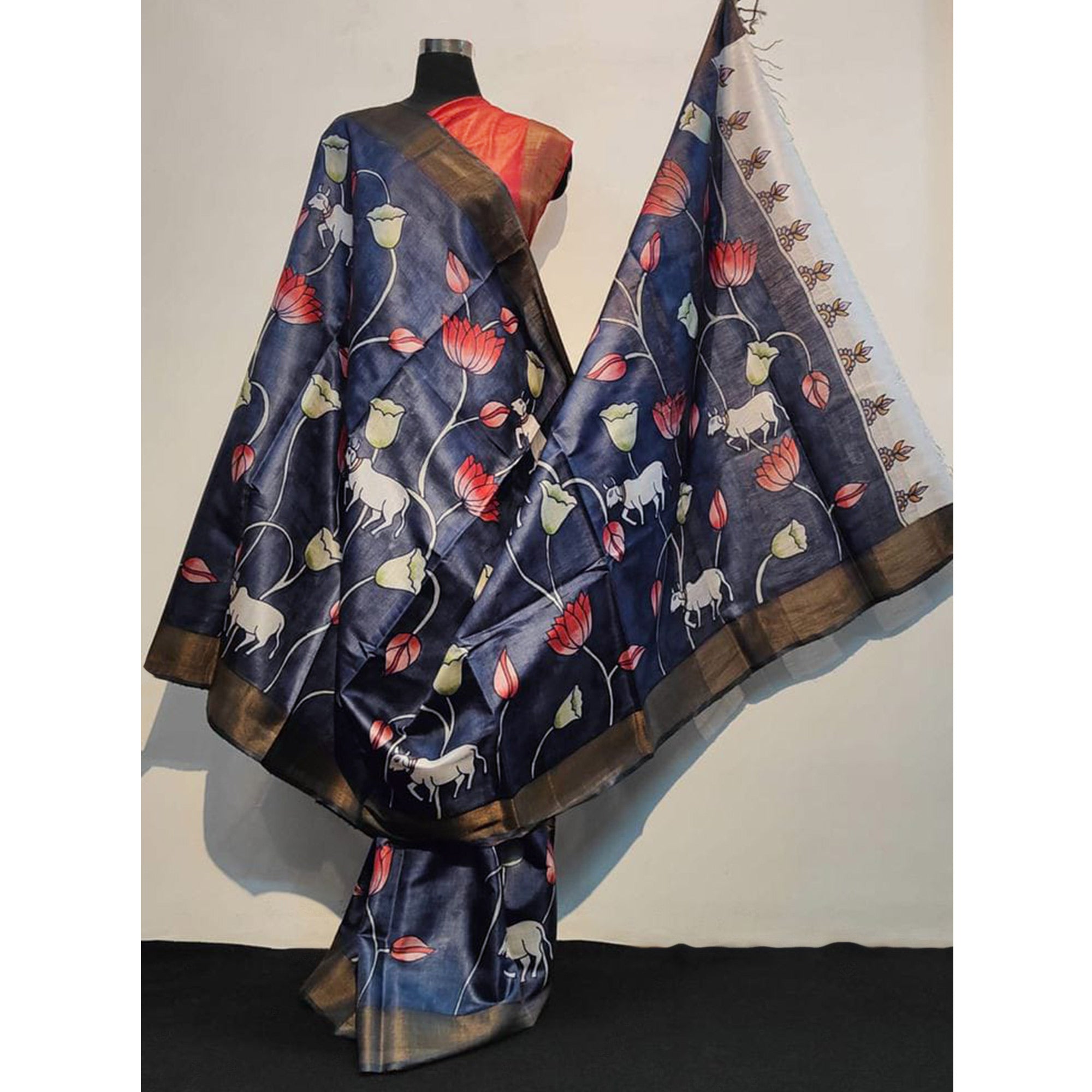 Navy Blue Floral Printed Tussar Silk Saree