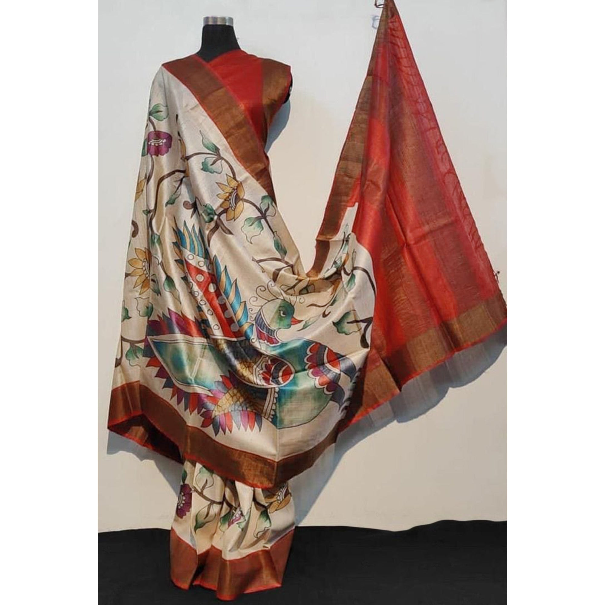 Off White Floral Printed Tussar Silk Saree