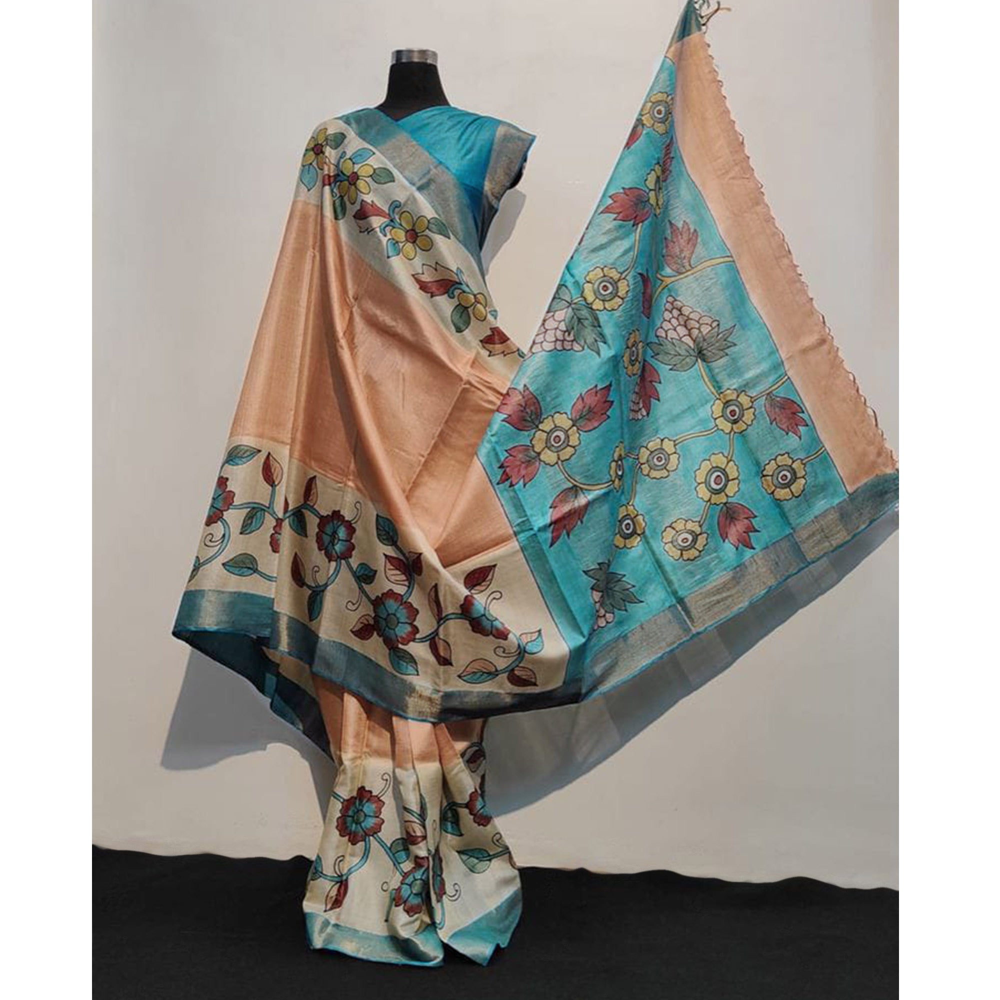 Peach Floral Printed Tussar Silk Saree