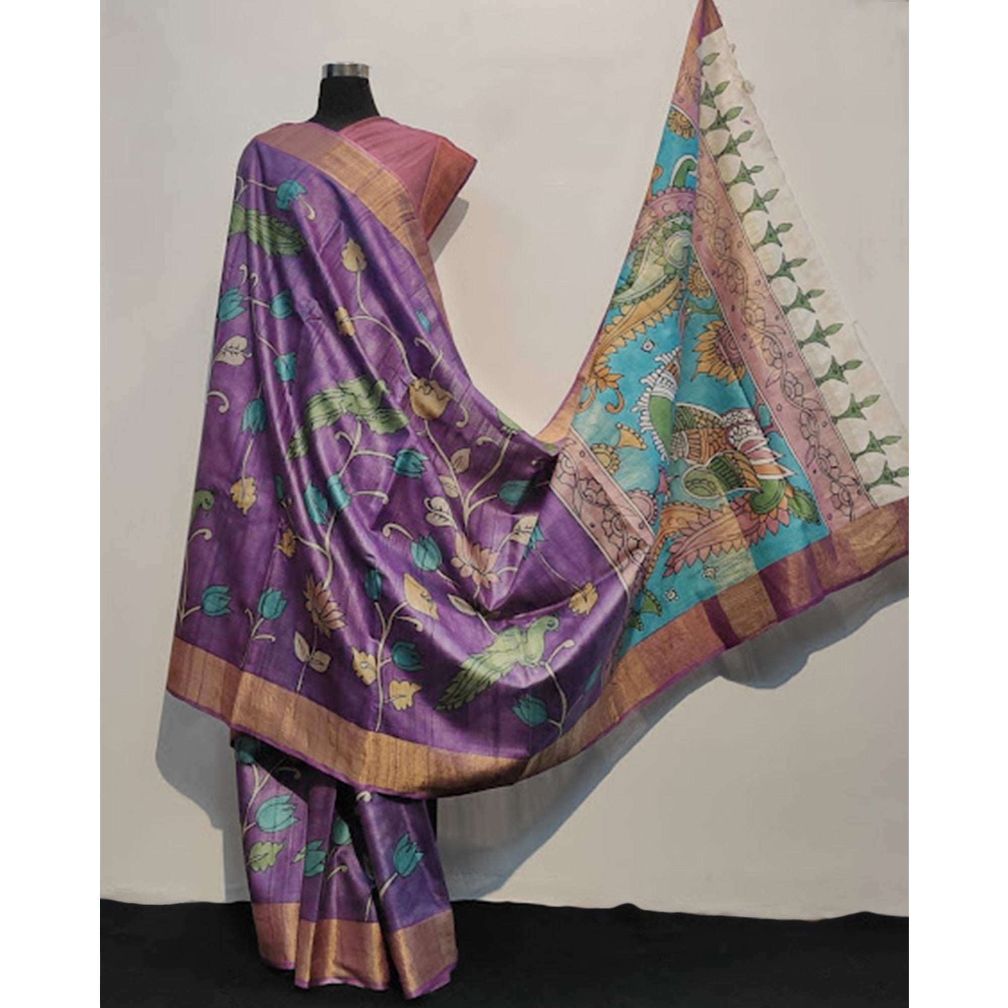 Purple Floral Printed Tussar Silk Saree