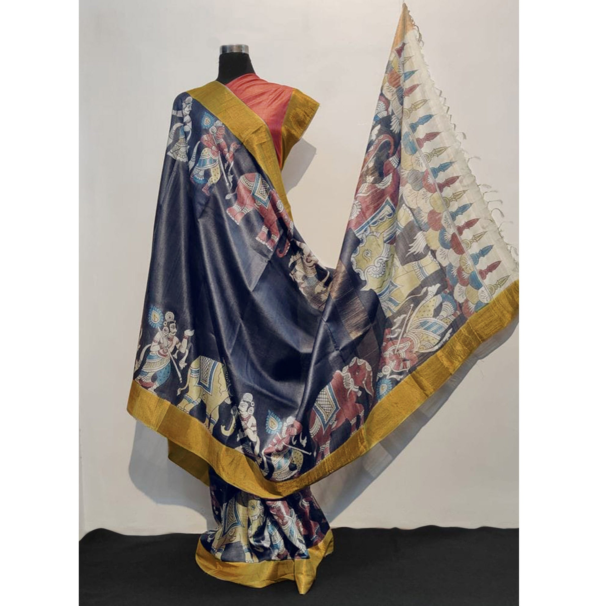 Black Floral Printed Tussar Silk Saree