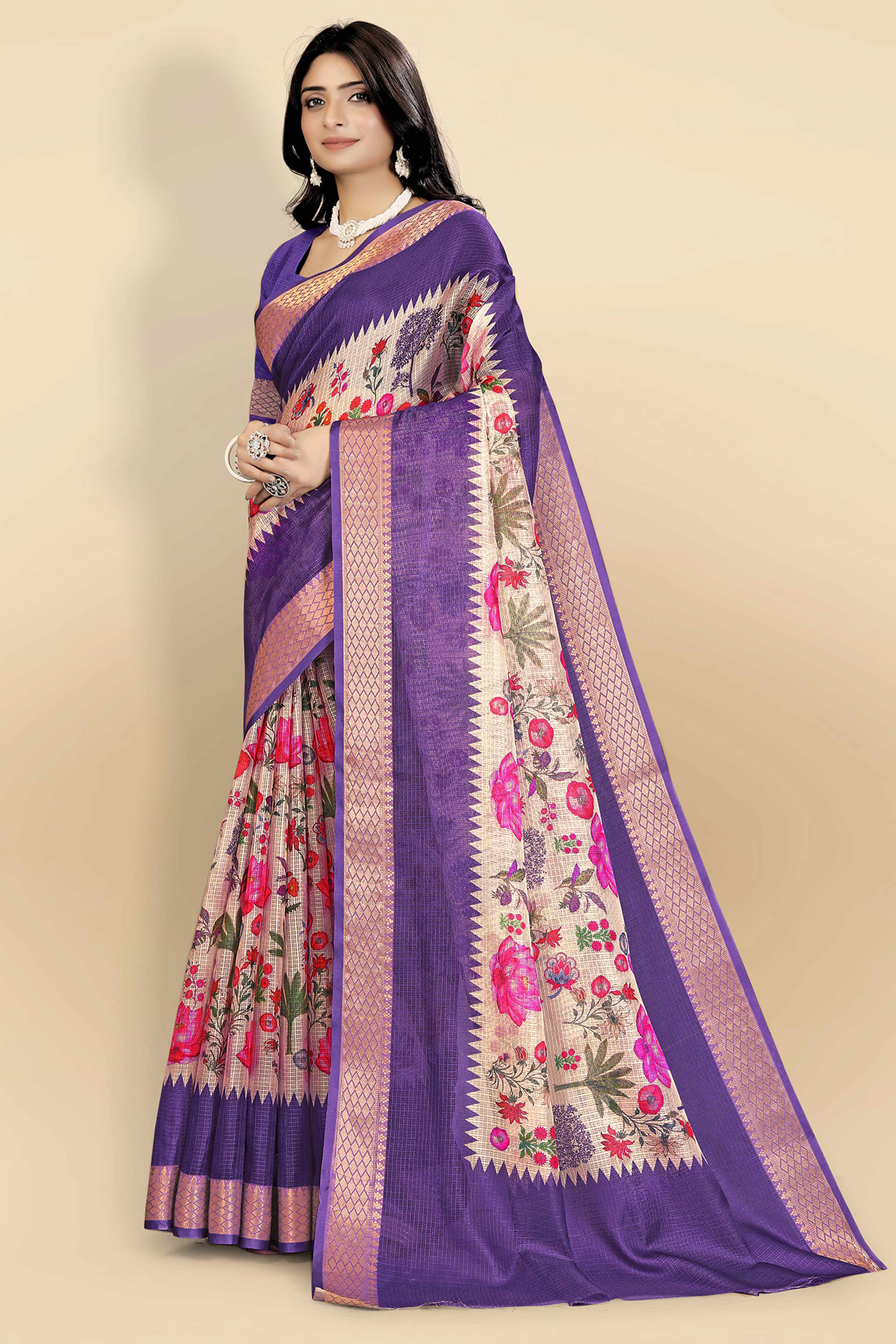 White Kota Doria Saree with Soft Floral Prints and Subtle Zari Border Finish