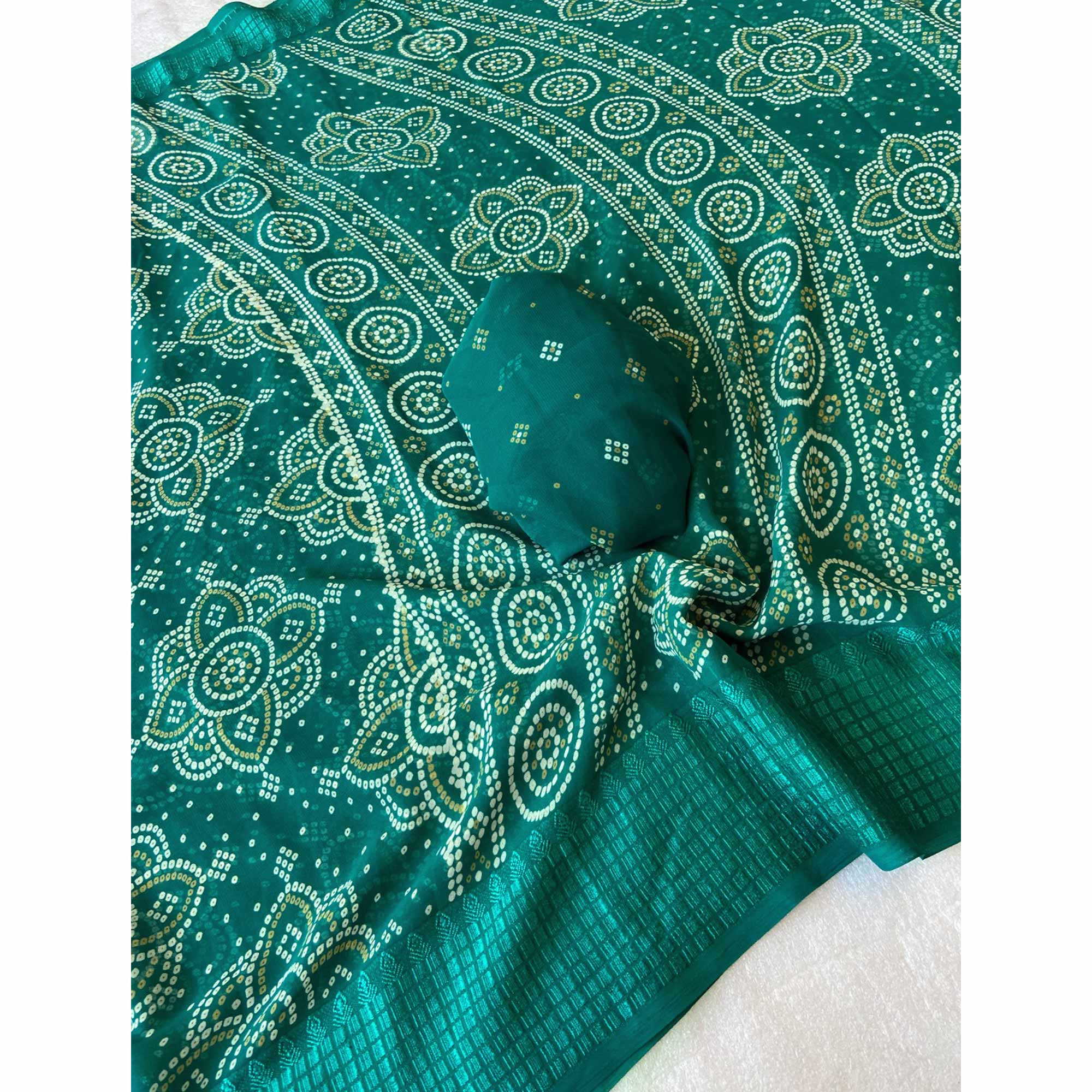 Rama Green Bandhani Printed Georgette Saree With Viscose Border