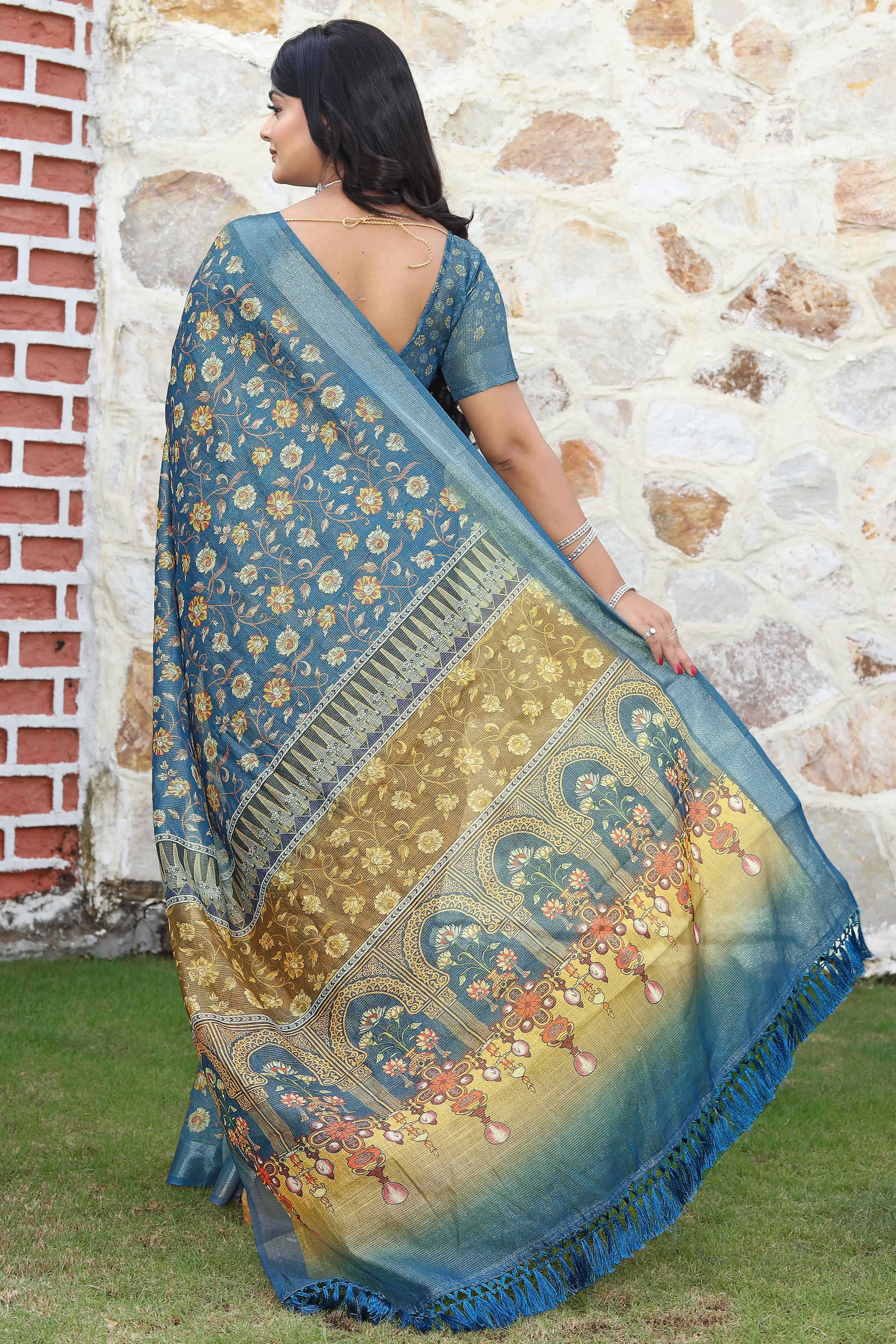 Beautiful Teal Tissue Handloom Saree with Detailed Digital Floral Embellishments