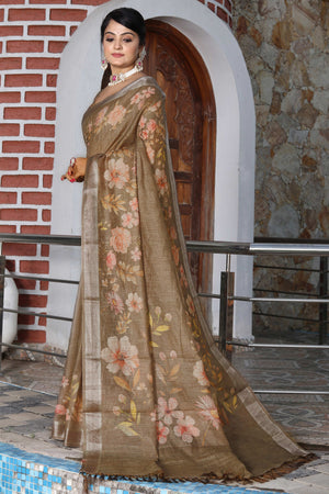Beautiful Light Brown Tissue Handloom Saree with Detailed Digital Floral Embellishments