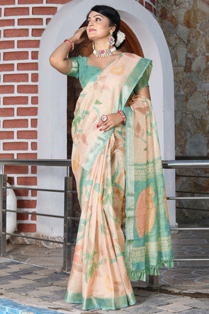 Beautiful Light Peach Tissue Handloom Saree with Detailed Digital Floral Embellishments
