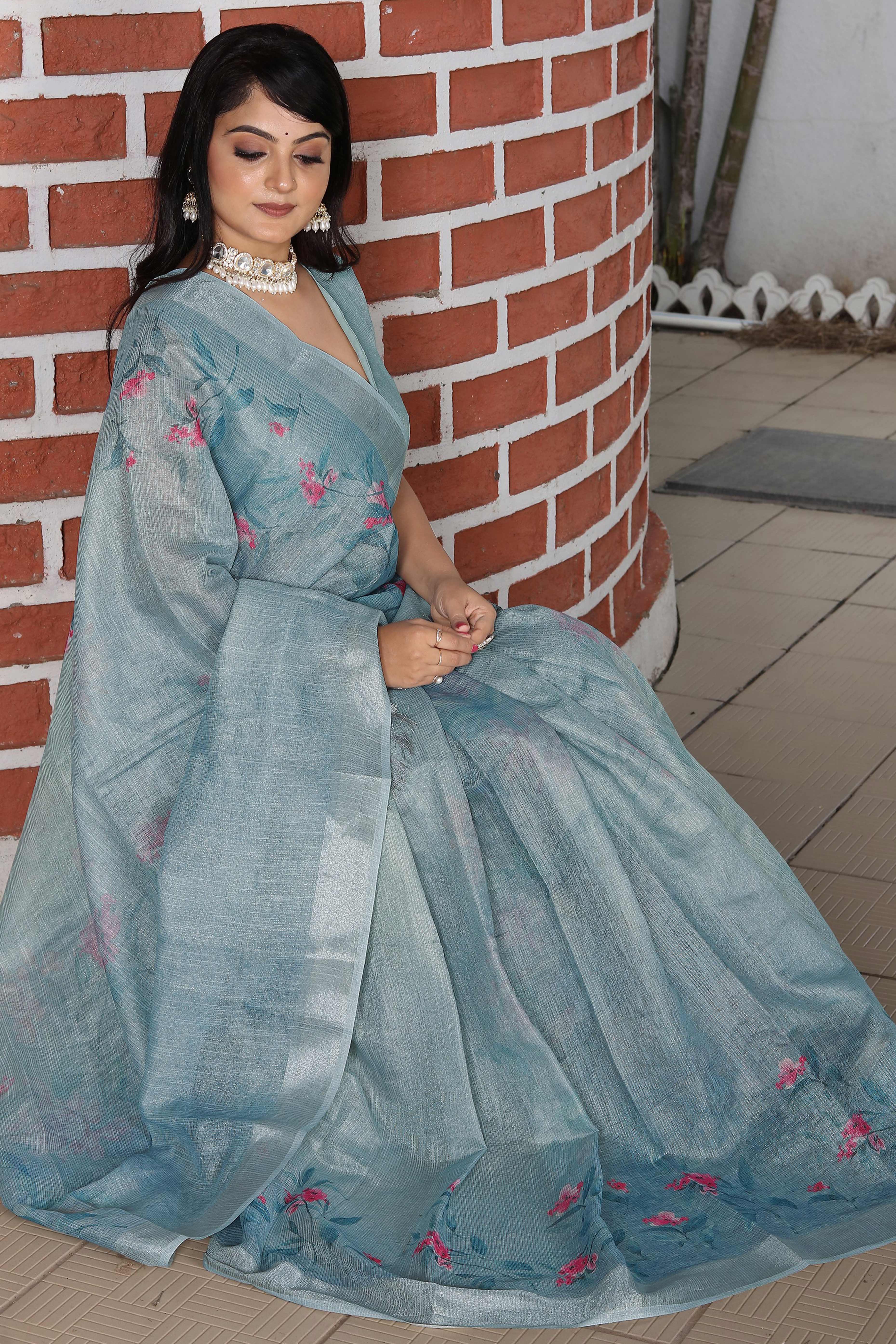 Beautiful Sky Blue Tissue Handloom Saree with Digital Floral Embellishments