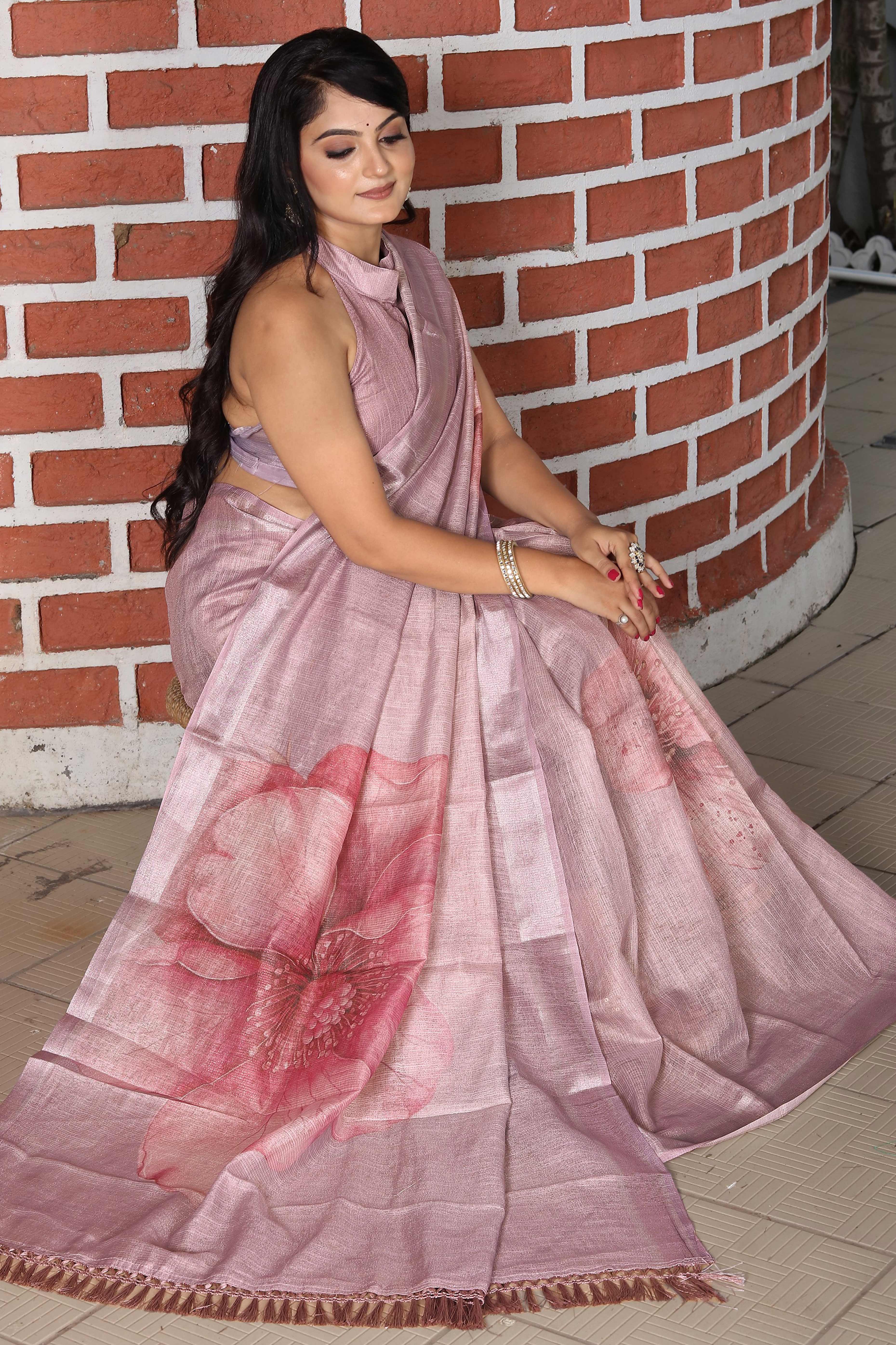 Beautiful Mauve Tissue Handloom Saree with Detailed Digital Floral Embellishments