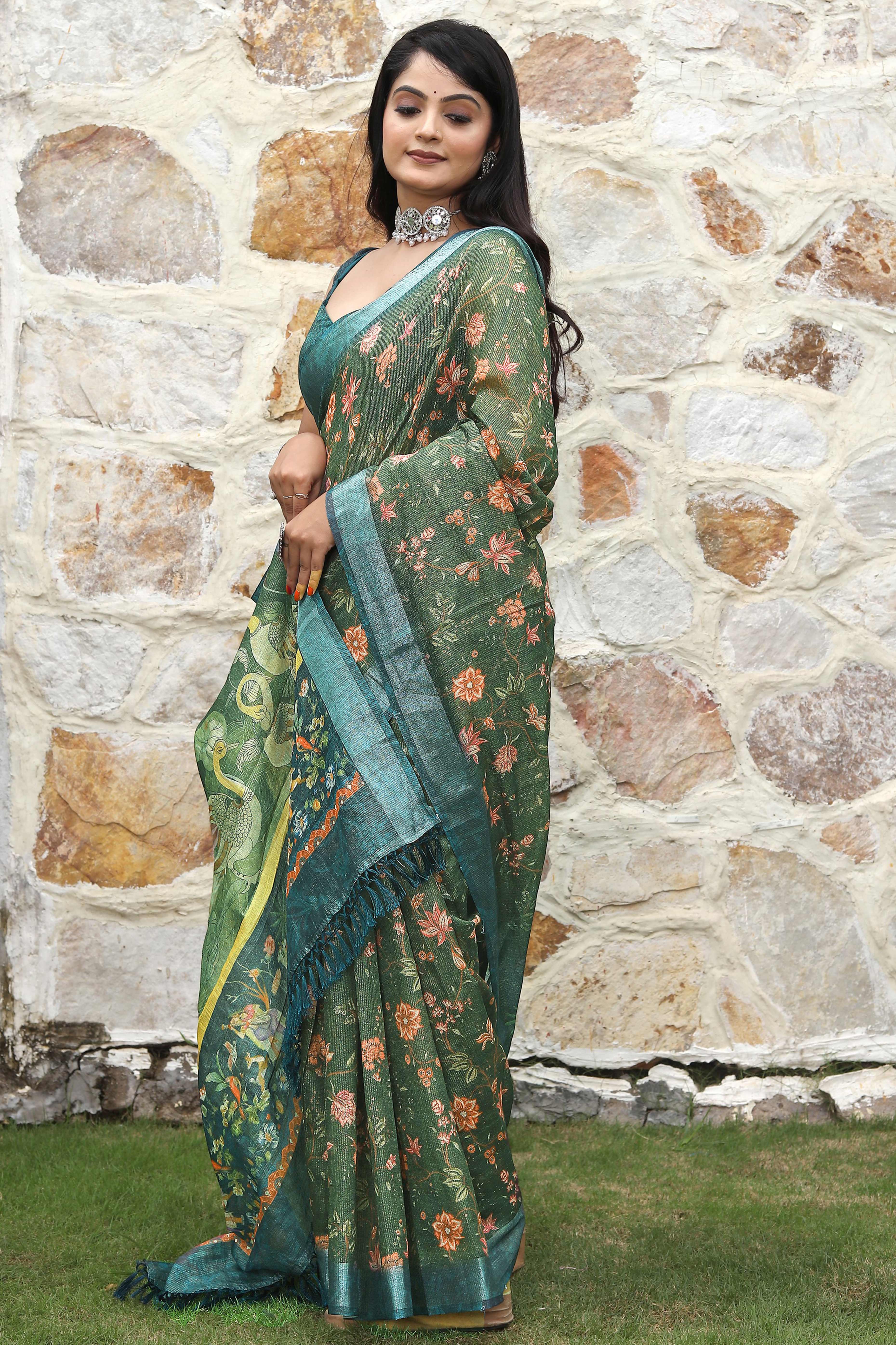 Beautiful GreenTissue Handloom Saree with Detailed Digital Floral Embellishments