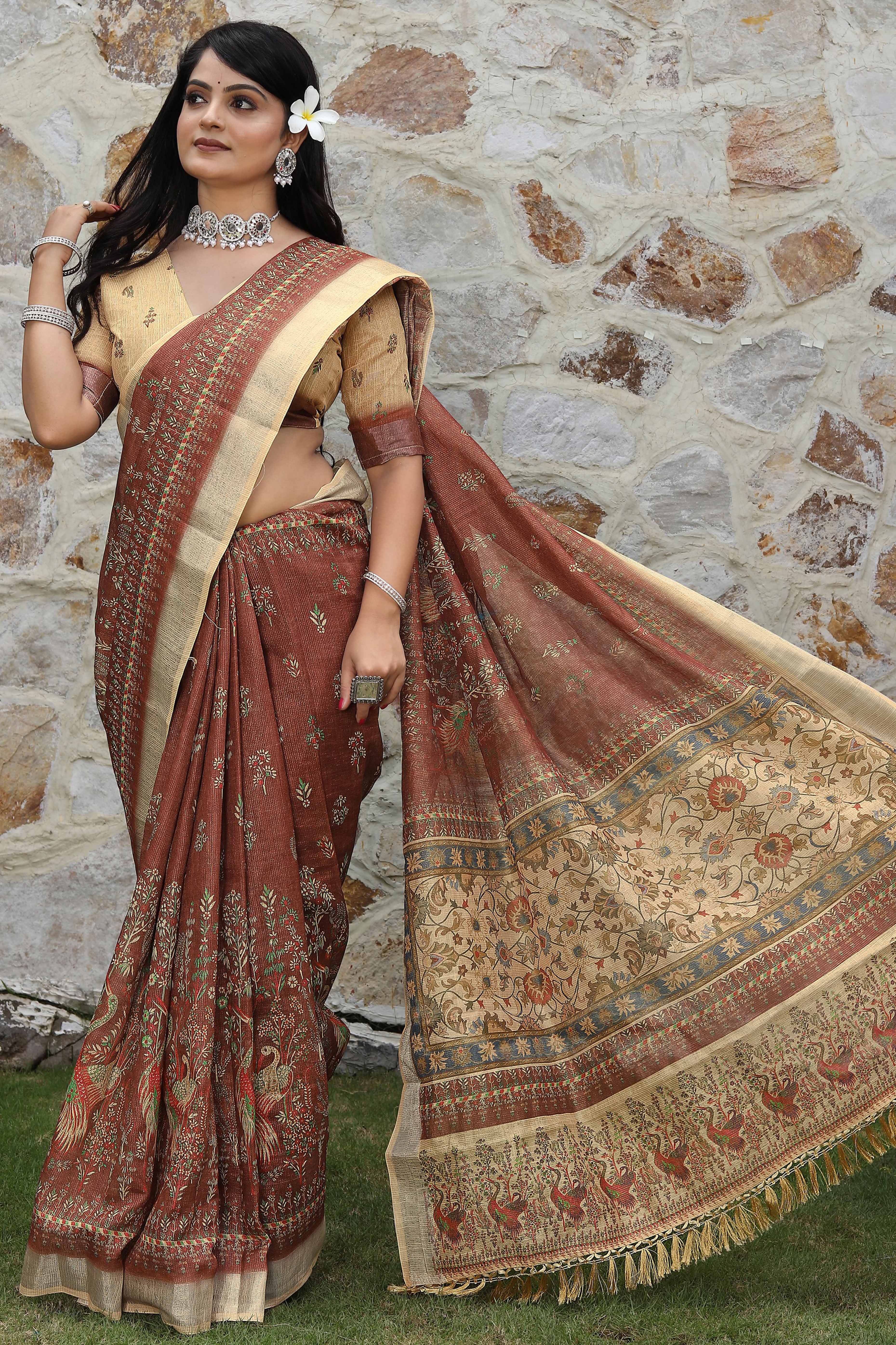 Beautiful Brown Tissue Handloom Saree with Detailed Digital Floral Embellishments