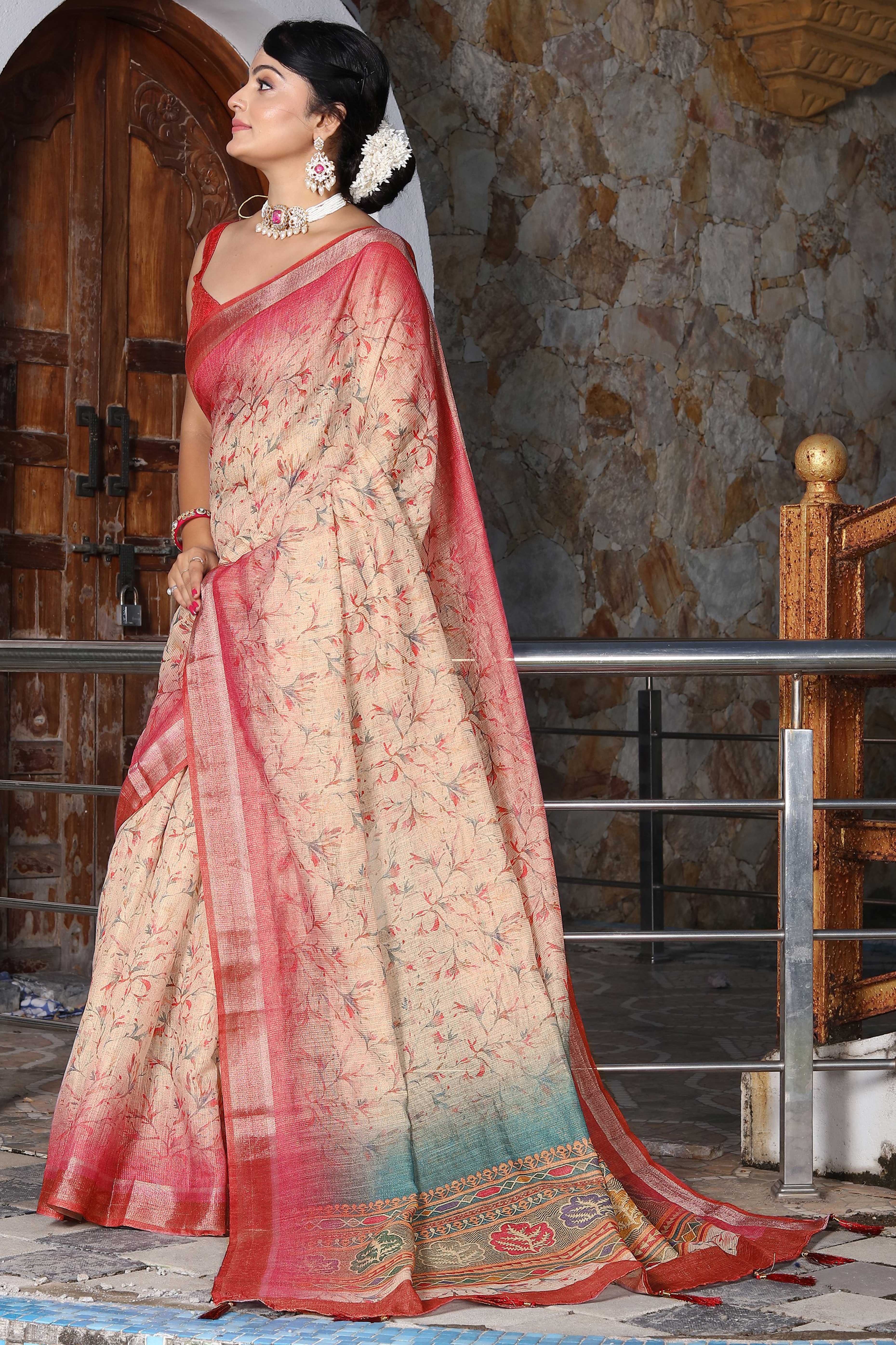 Beautiful Cream Tissue Handloom Saree with Detailed Digital Floral Embellishments