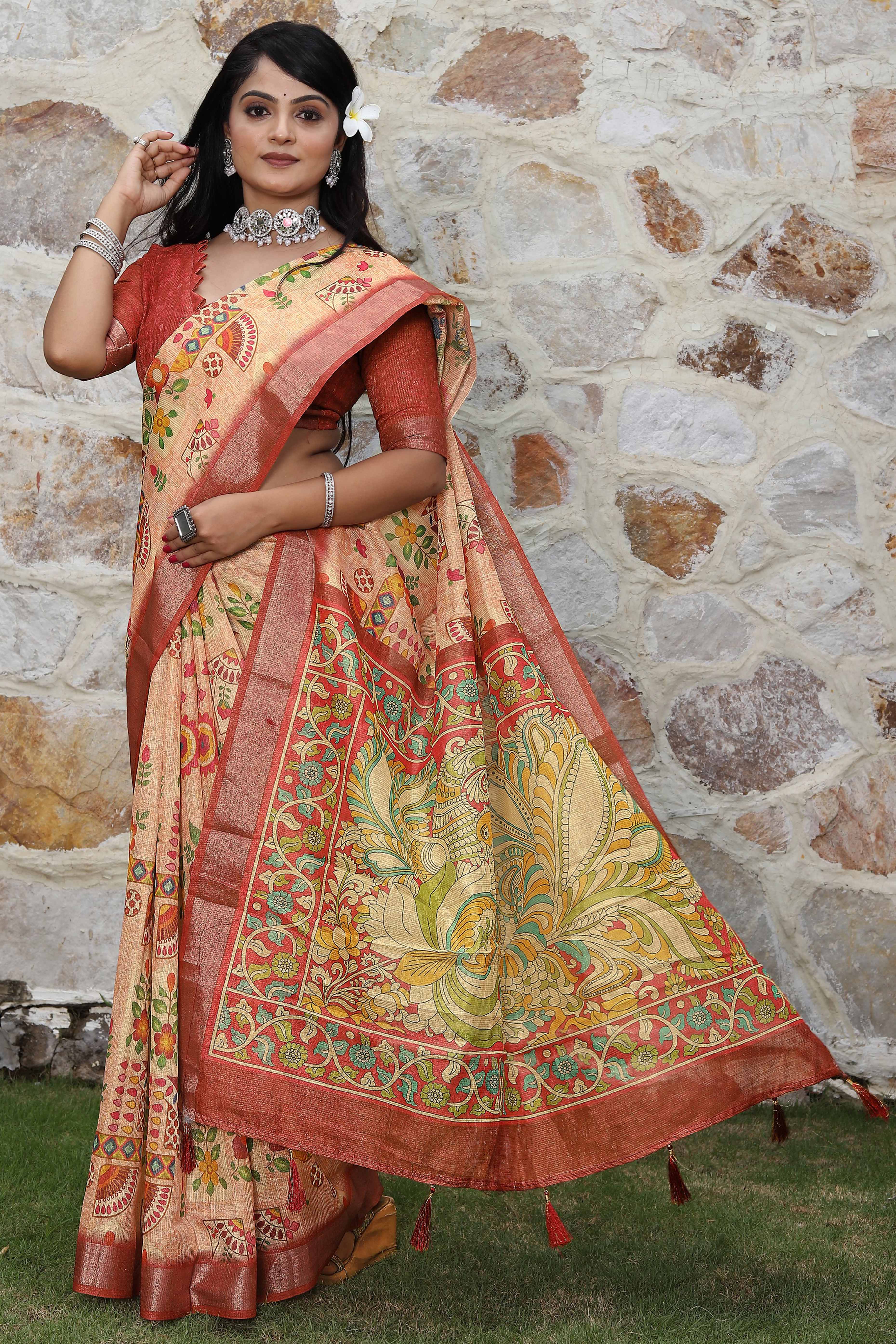 Beautiful Peach Tissue Handloom Saree with Detailed Digital Floral Embellishments