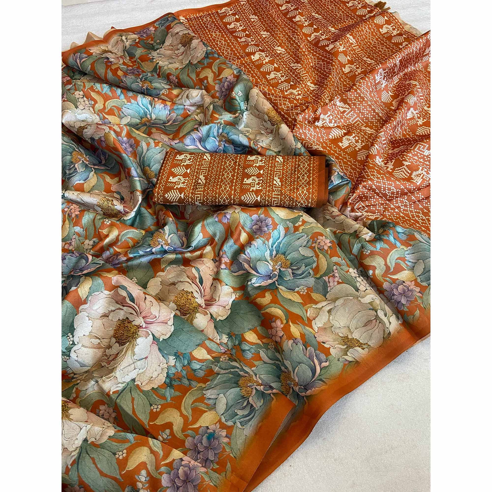 Rust Orange Floral Digital Printed Cotton Handloom Silk Saree