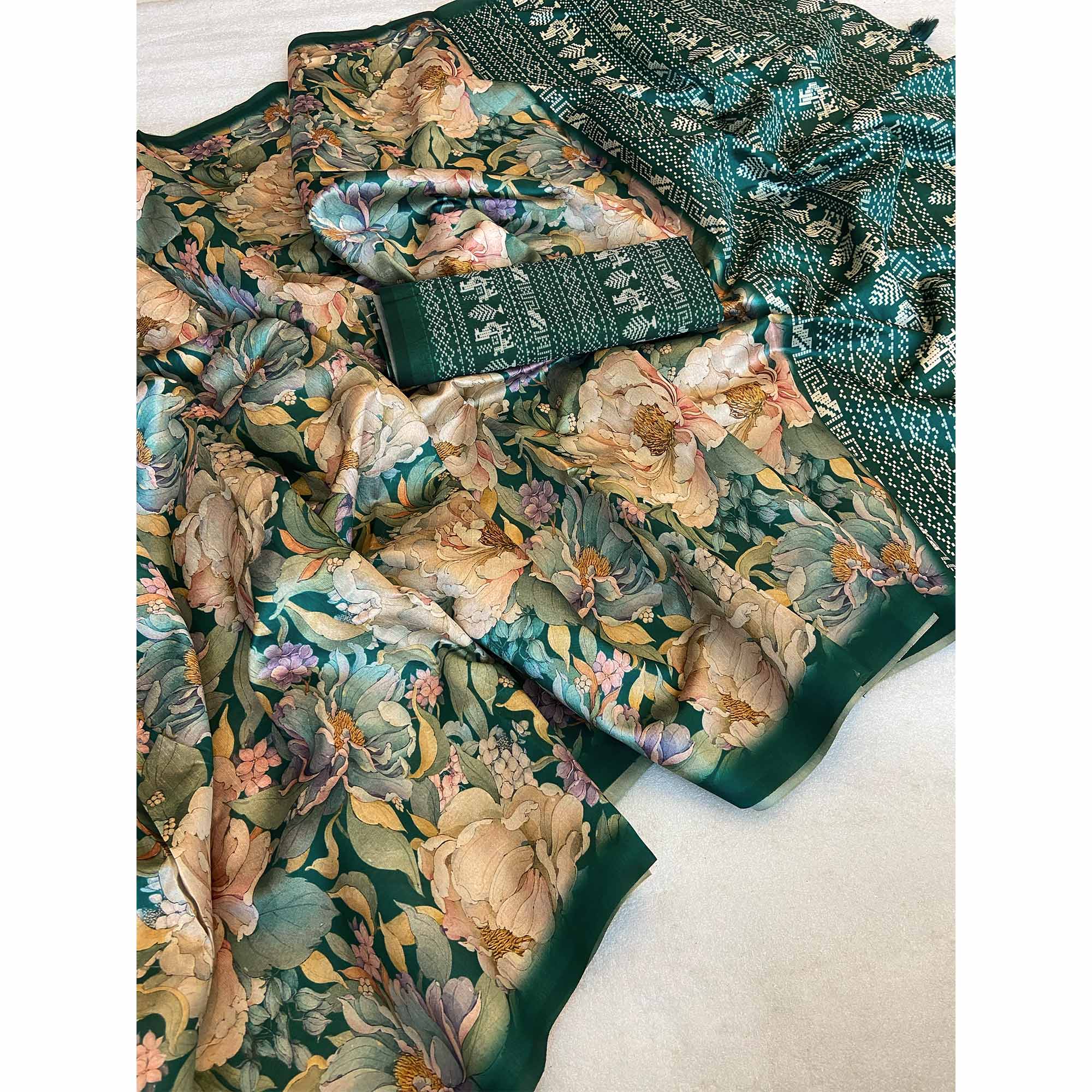Teal Green Floral Digital Printed Cotton Handloom Silk Saree