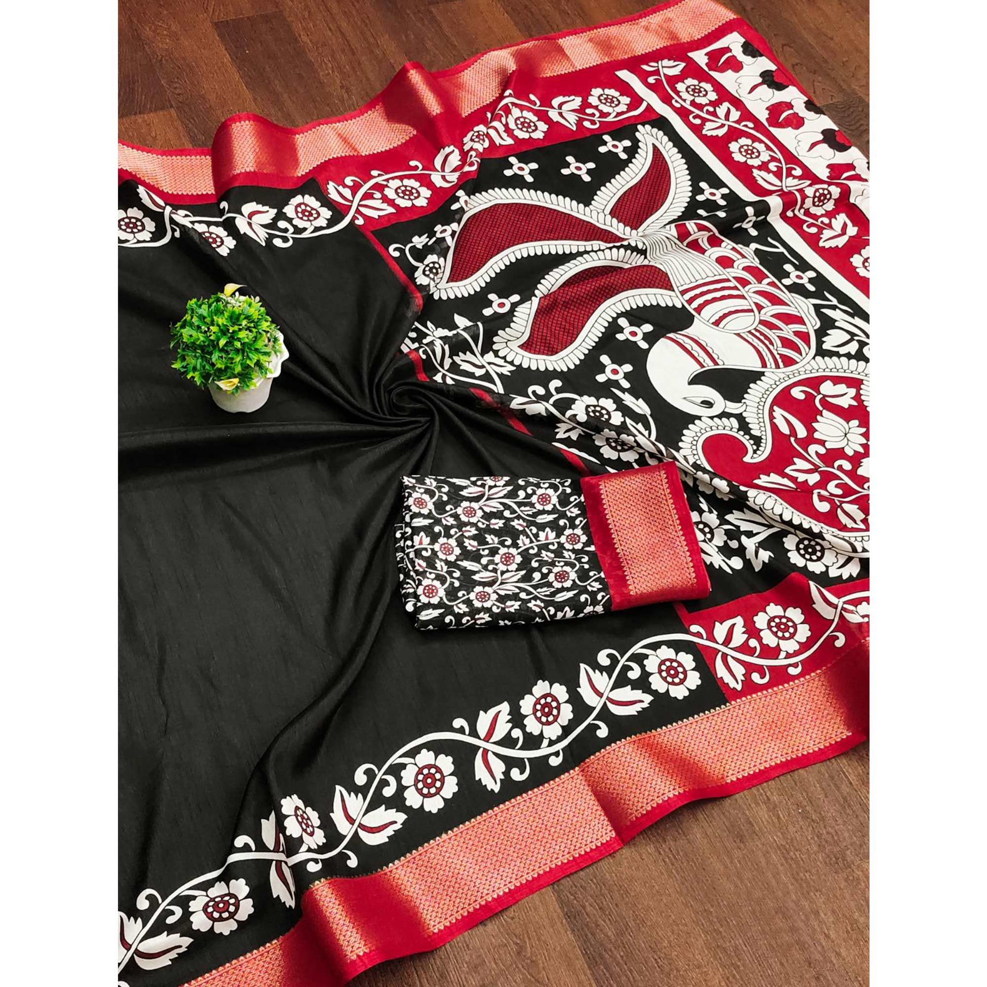 Black Floral Printed Dola Silk Saree With Zari Border