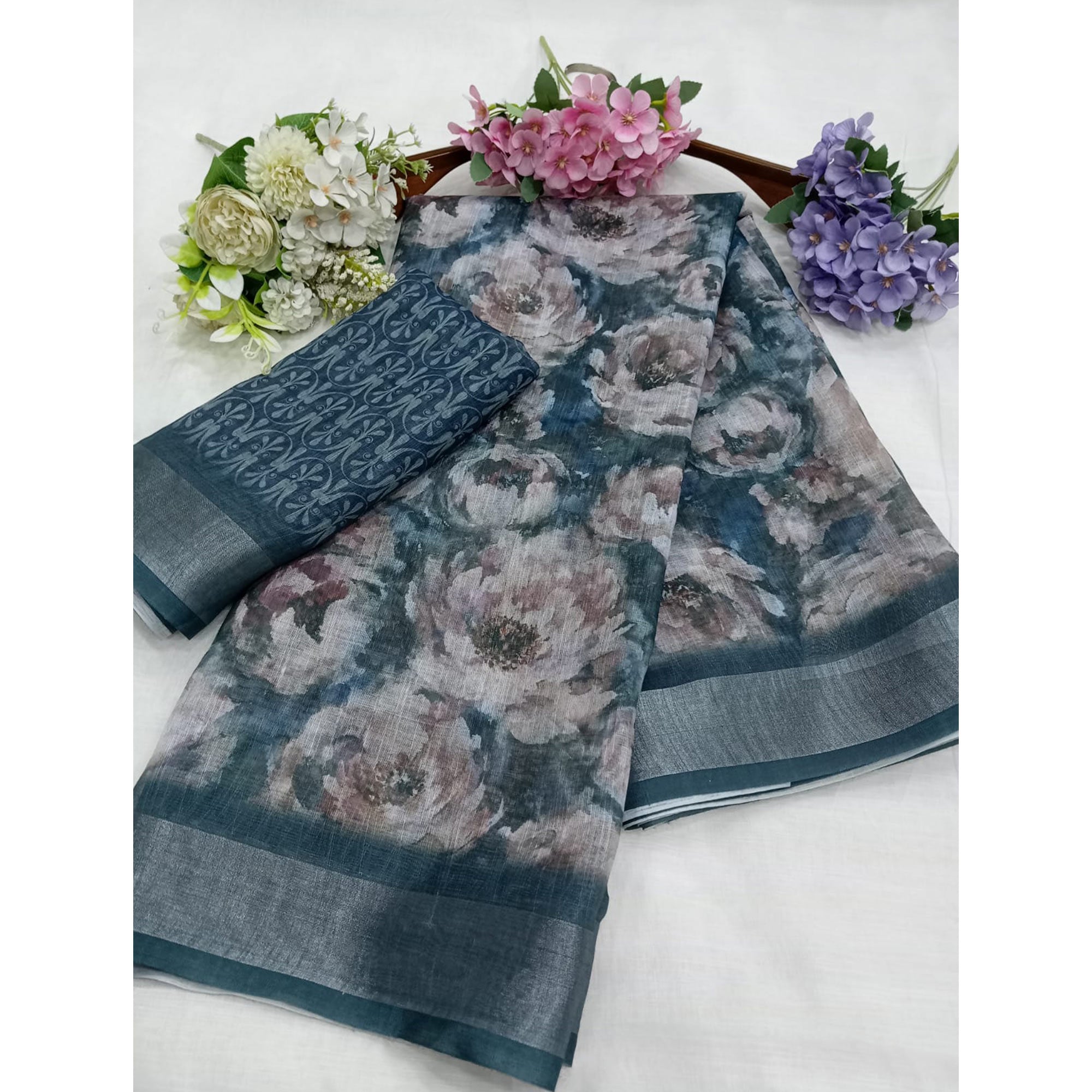 Grey Floral Digital Printed Linen Saree