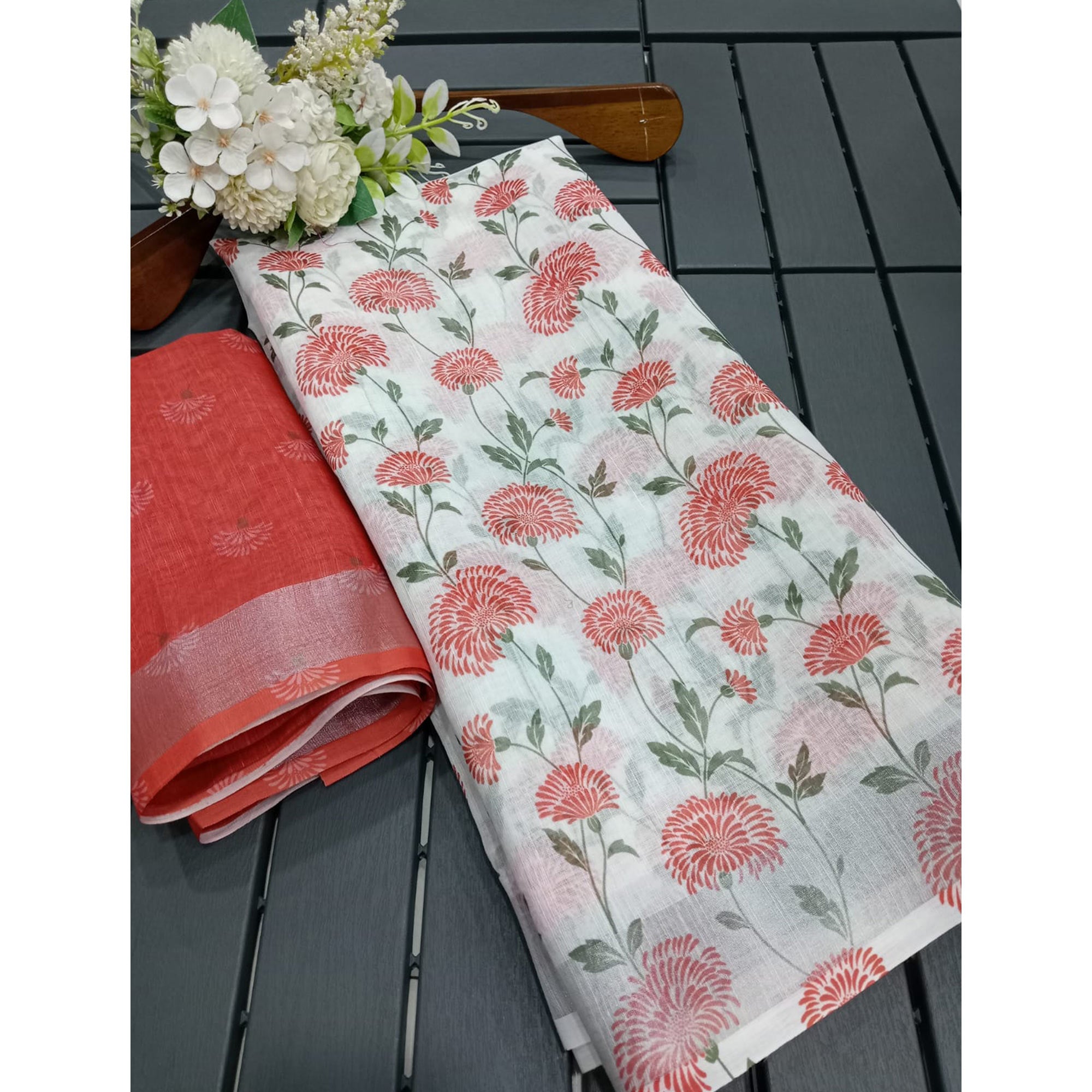 White & Red Floral Digital Printed Linen Saree
