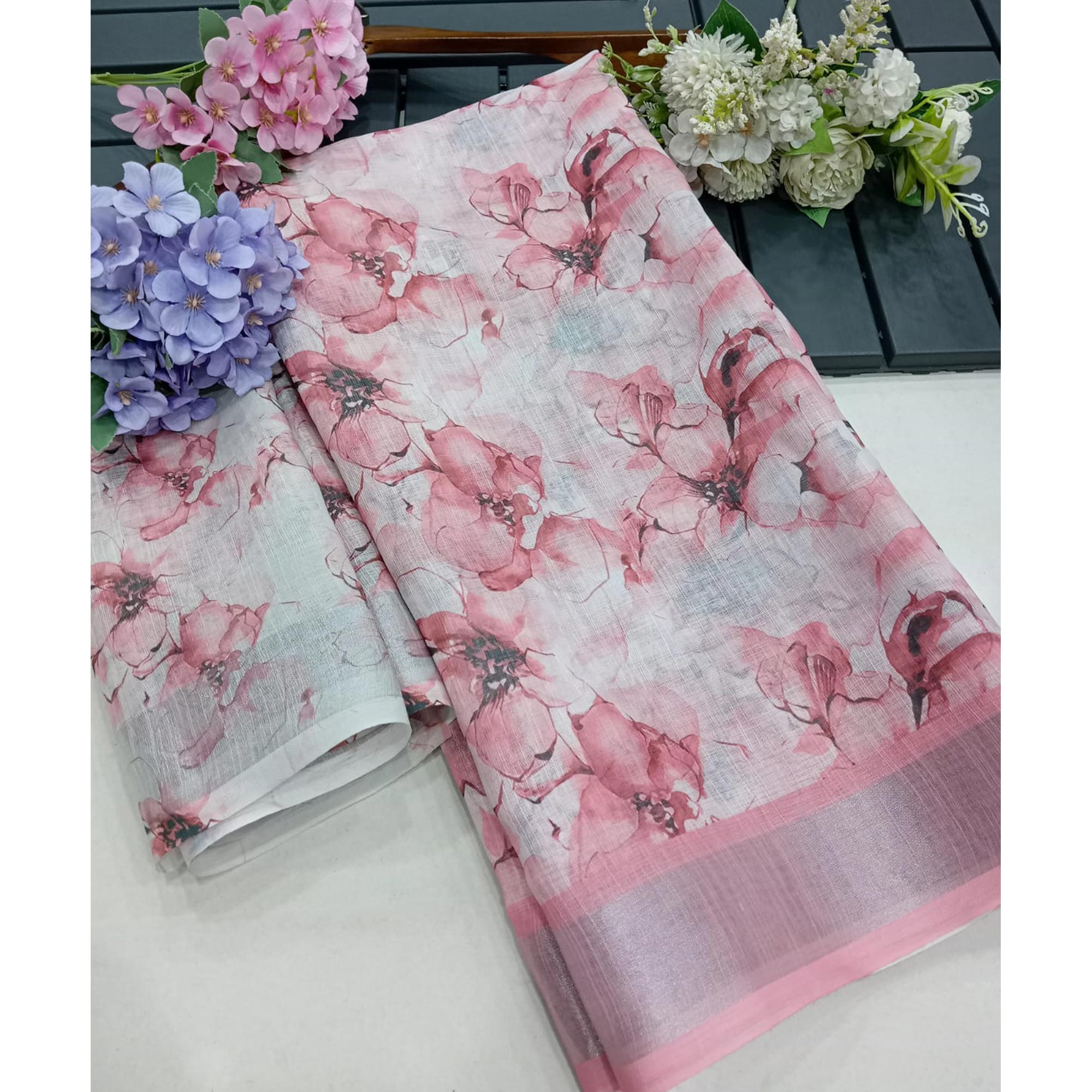 Peach Floral Digital Printed Linen Saree