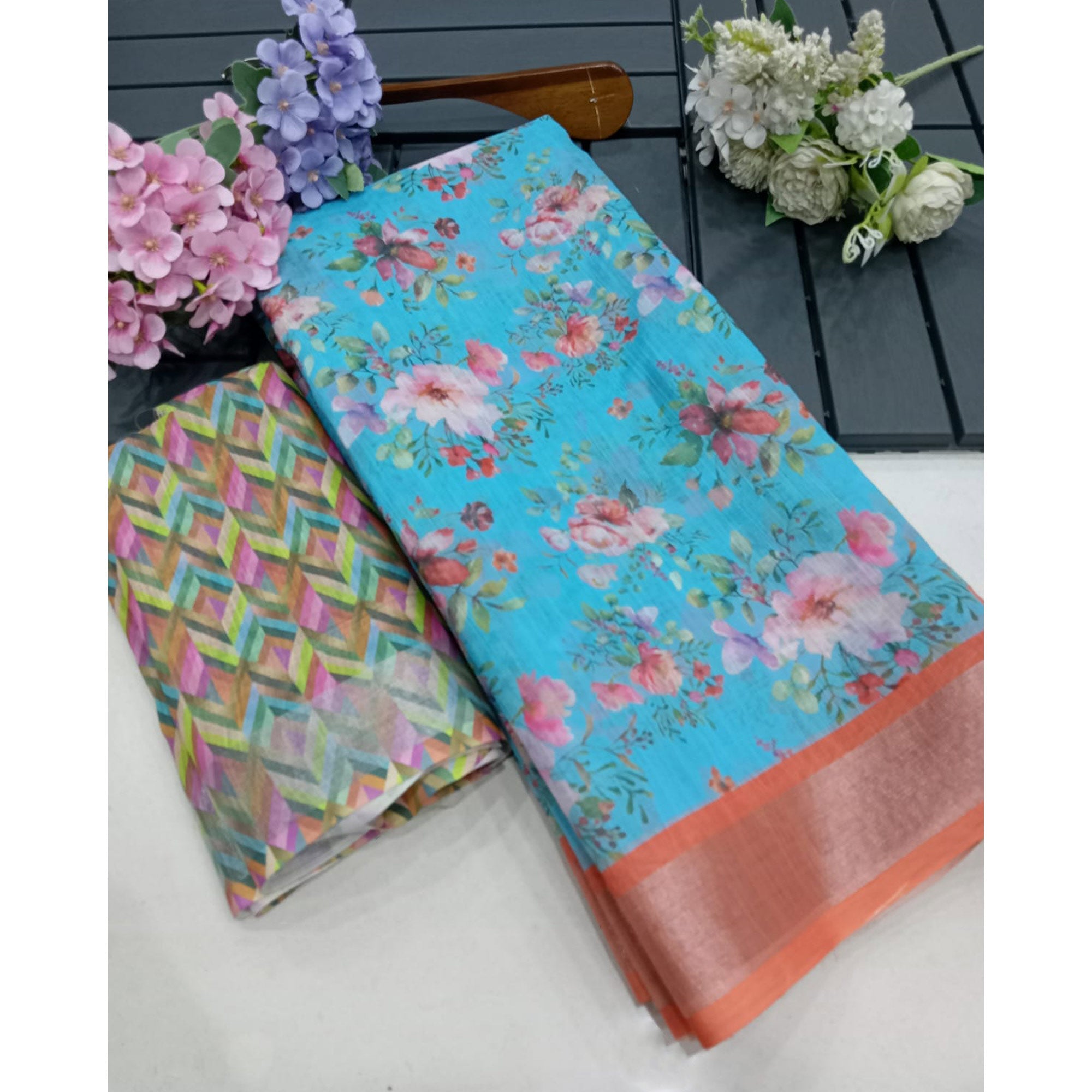 Sky Blue Floral Digital Printed Linen Saree