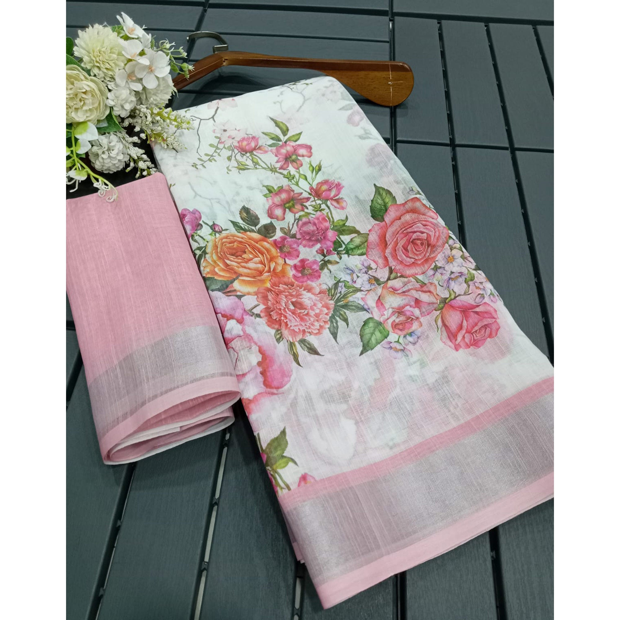 White & Pink Floral Digital Printed Linen Saree