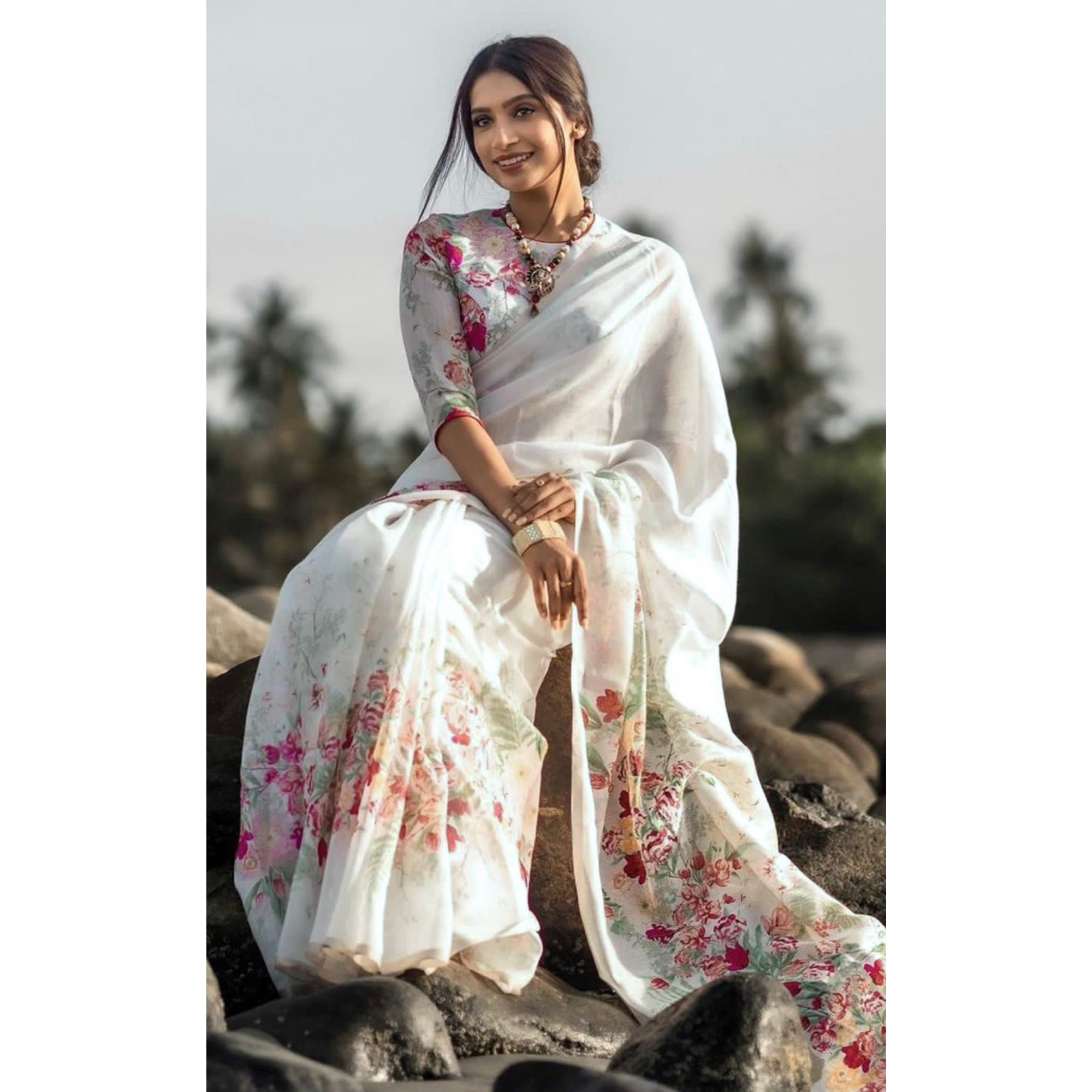 White Floral Digital Printed Linen Saree