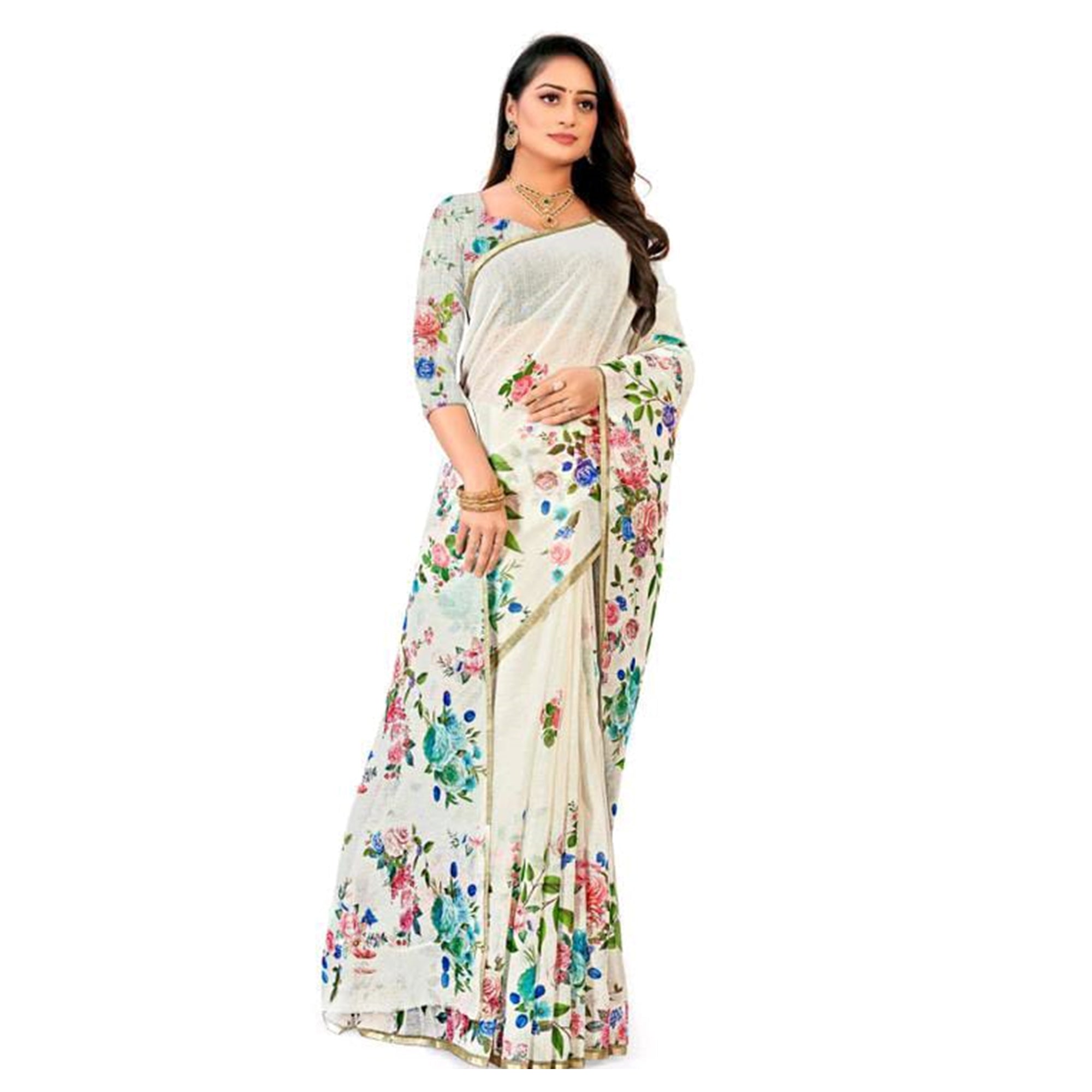 White Floral Digital Printed Linen Saree