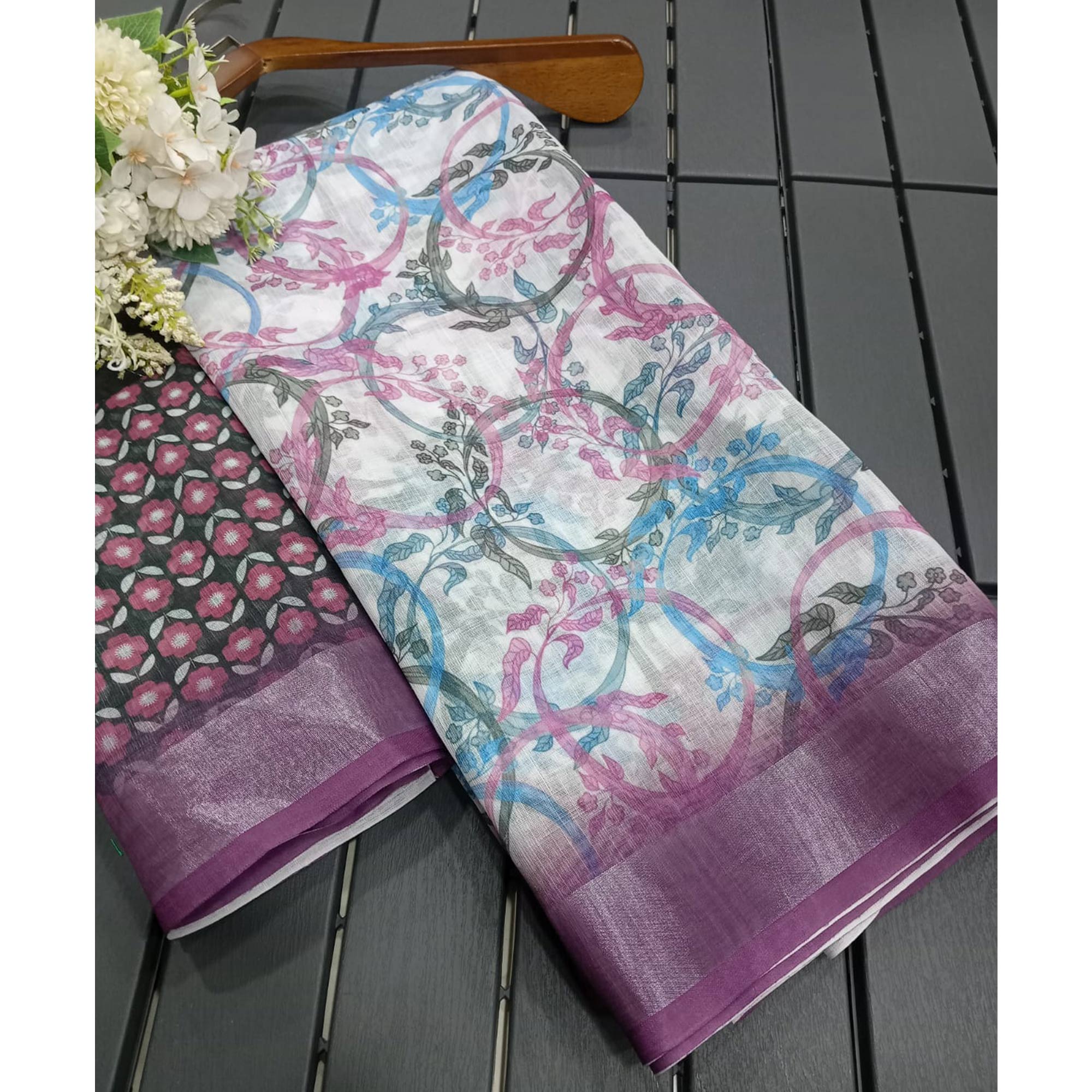 White & Purple Floral Printed Linen Saree