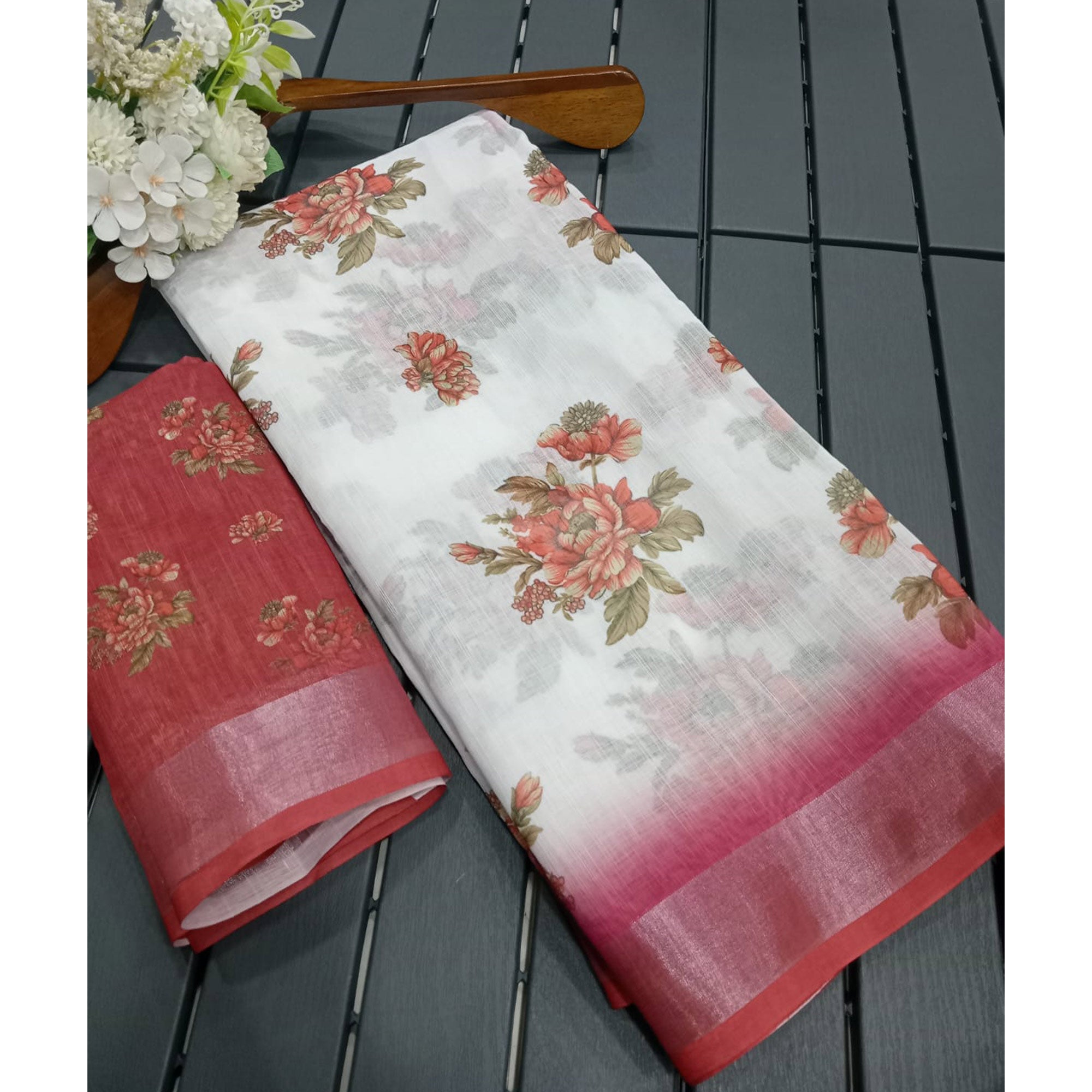 White & Red Floral Printed Linen Saree