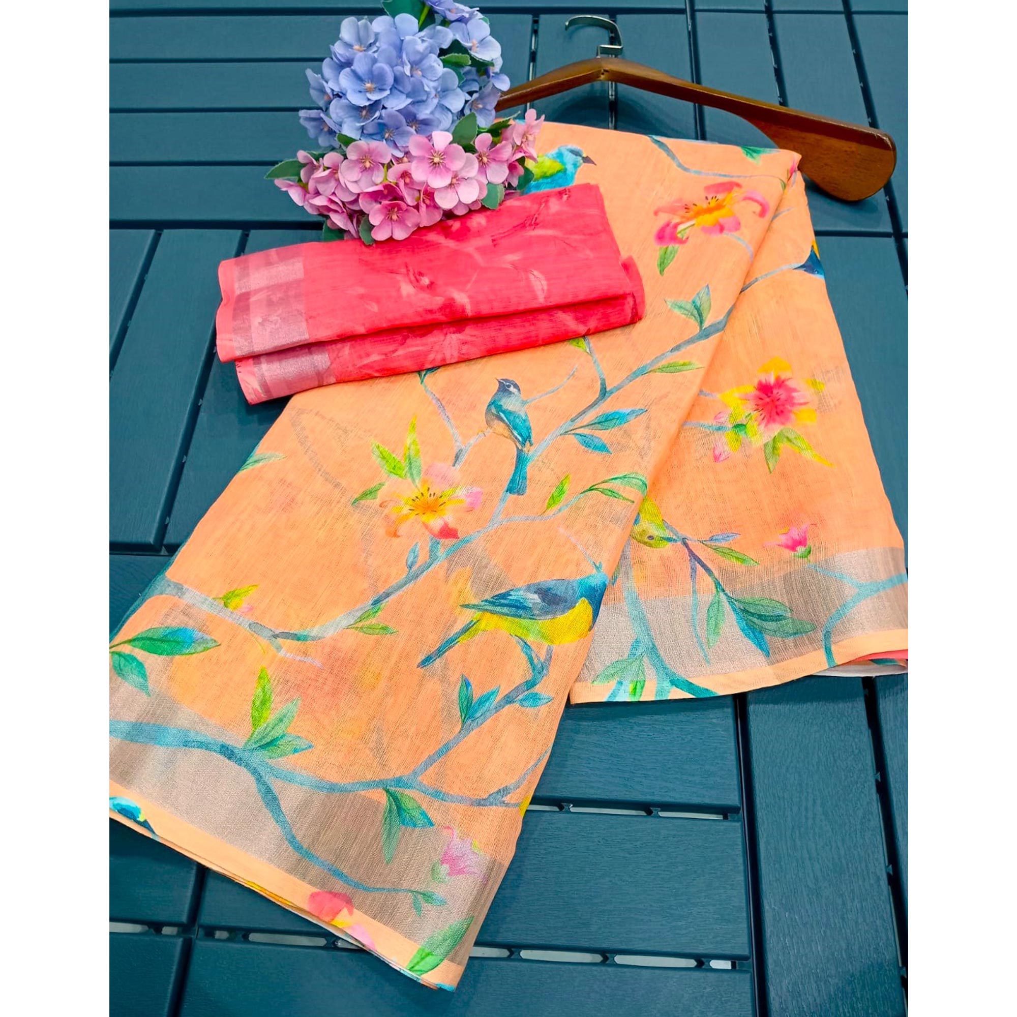 Orange Printed Linen Saree