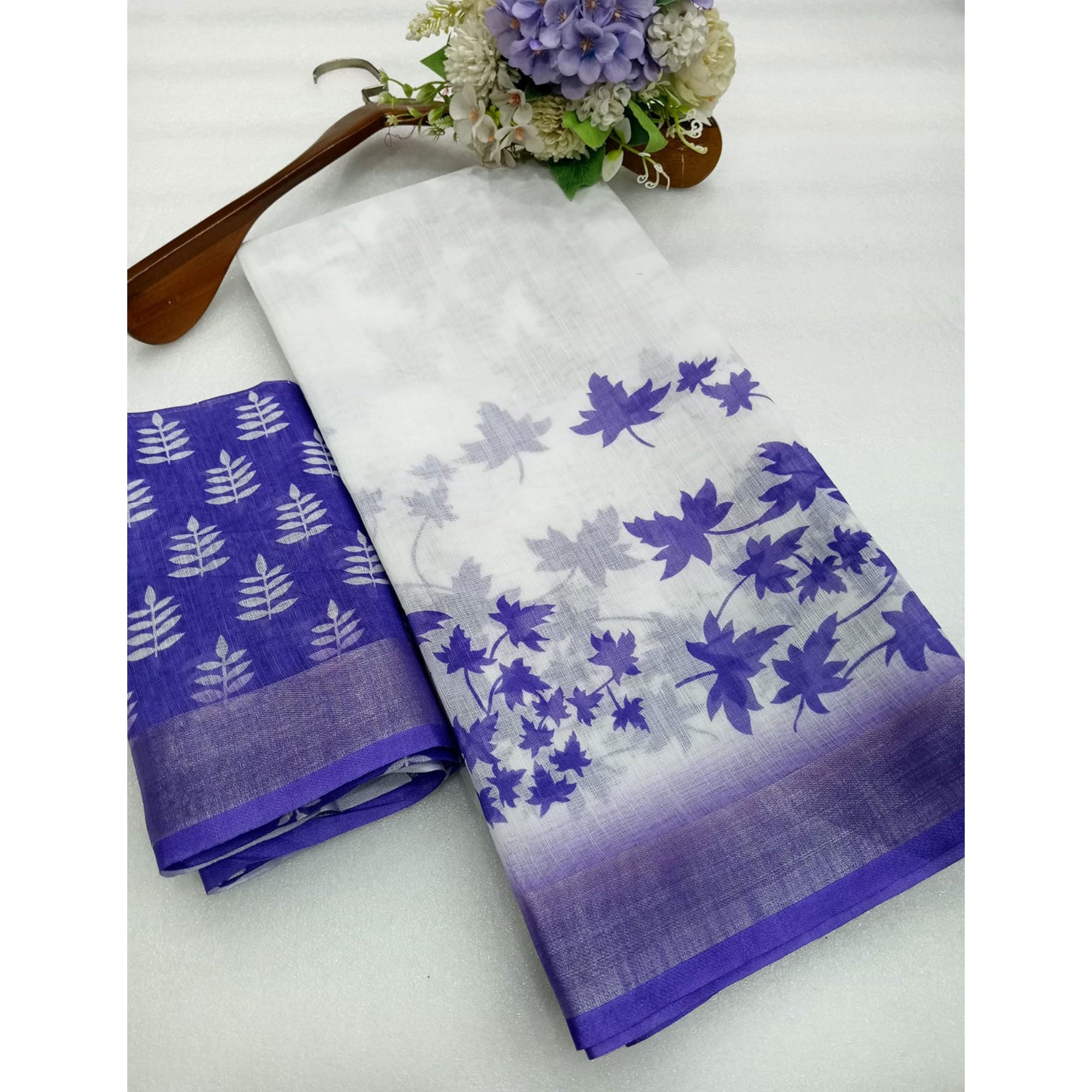 Blue & White Floral Printed Linen Saree