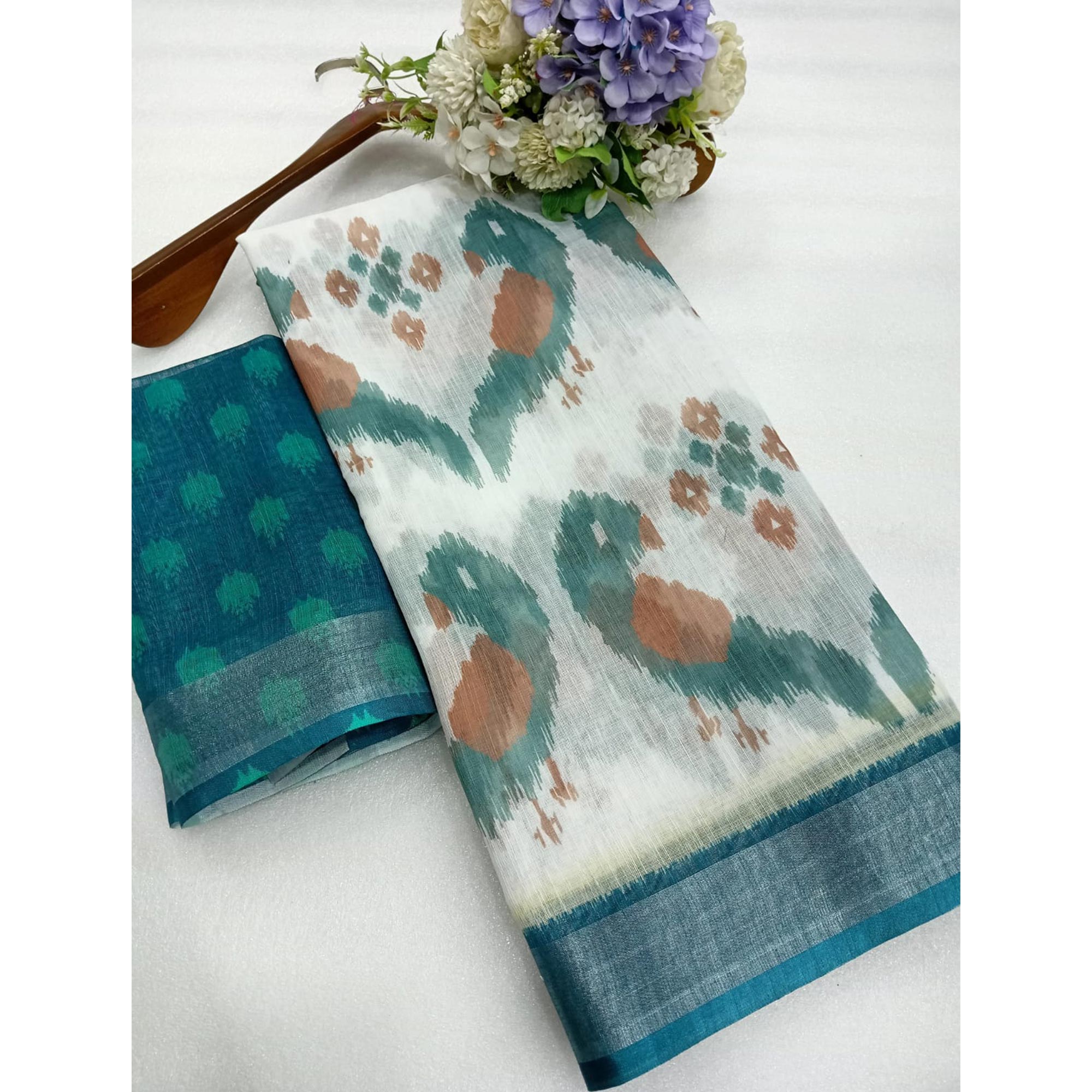 Teal Ikkat Printed Linen Saree