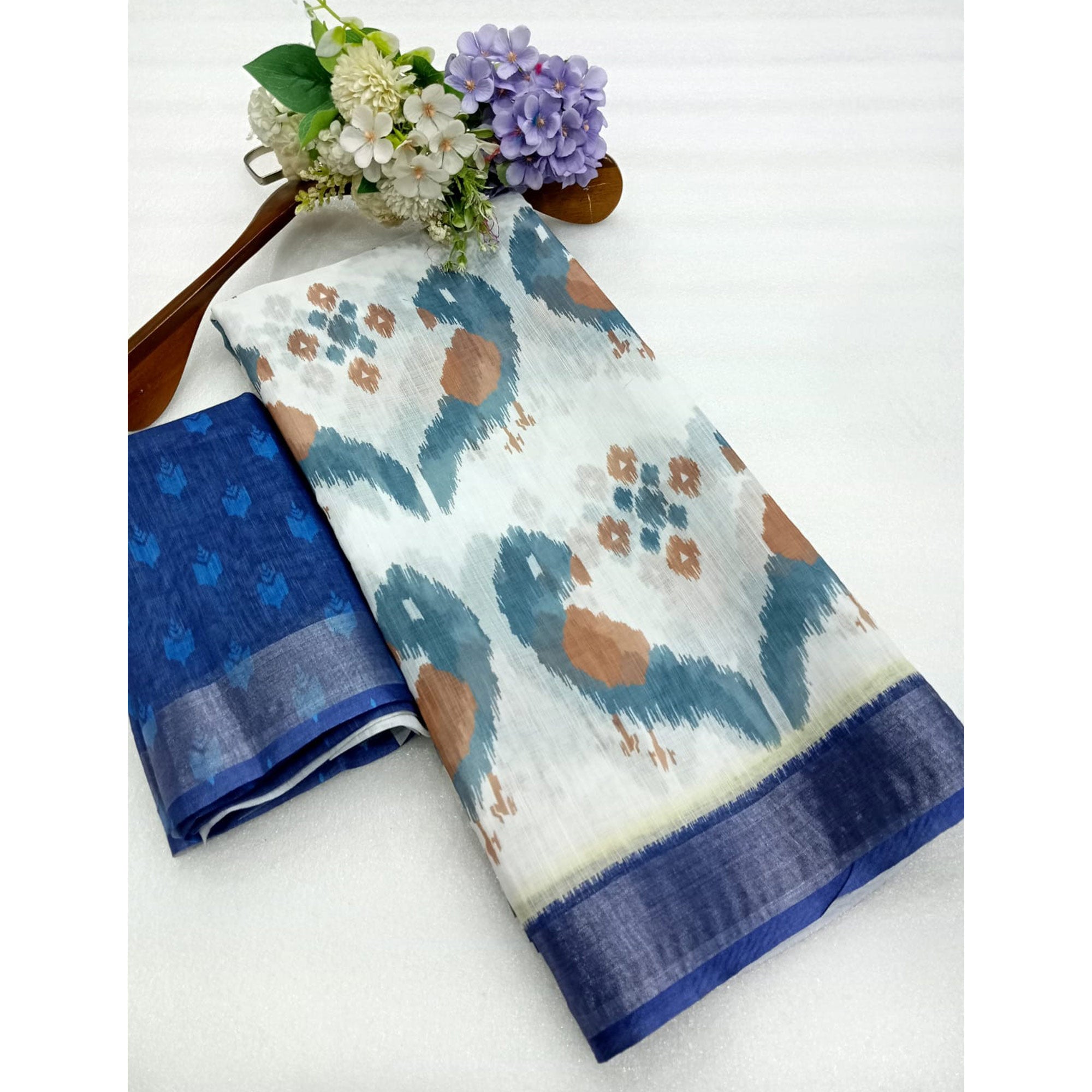 Blue Ikkat Printed Linen Saree