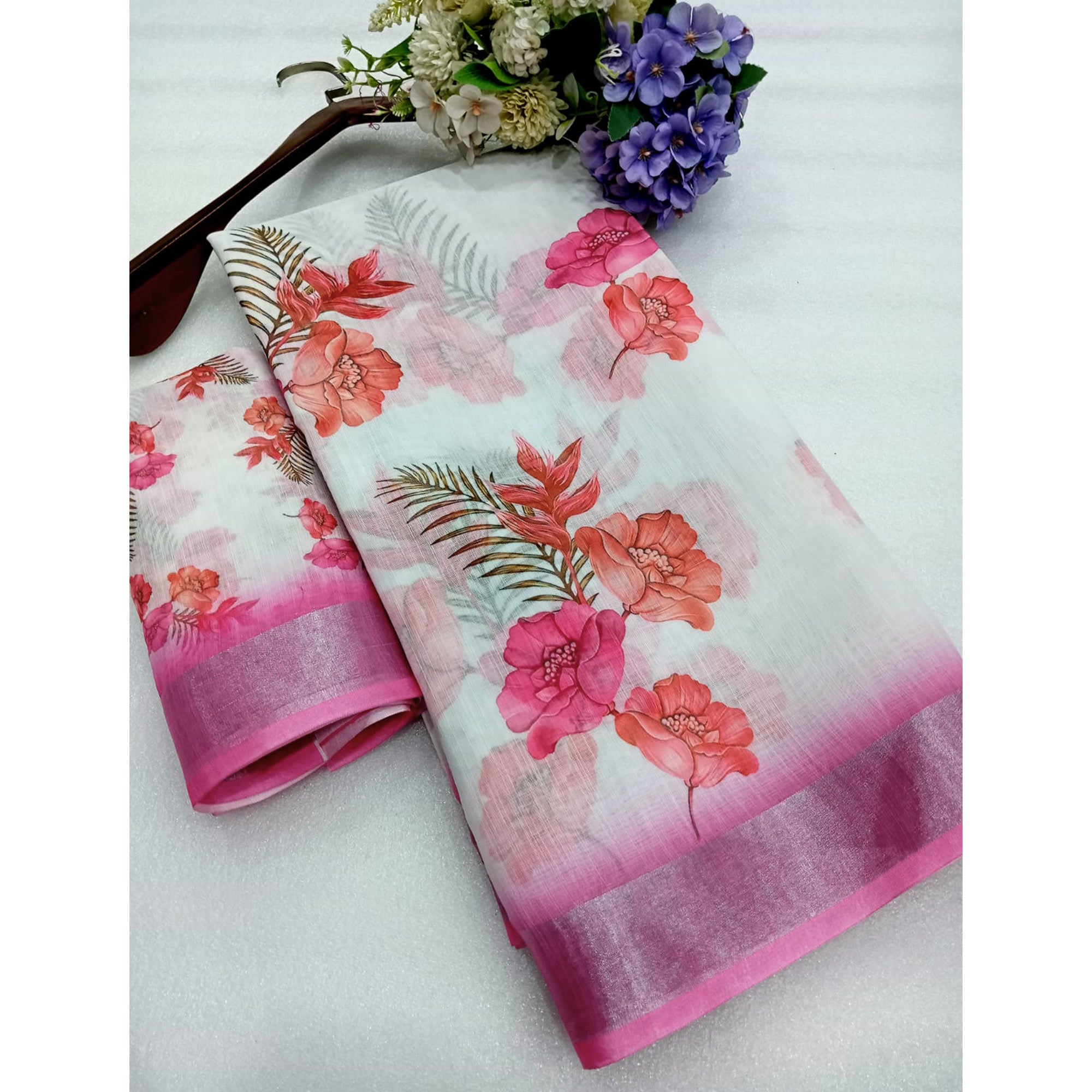 Pink Floral Printed Linen Saree