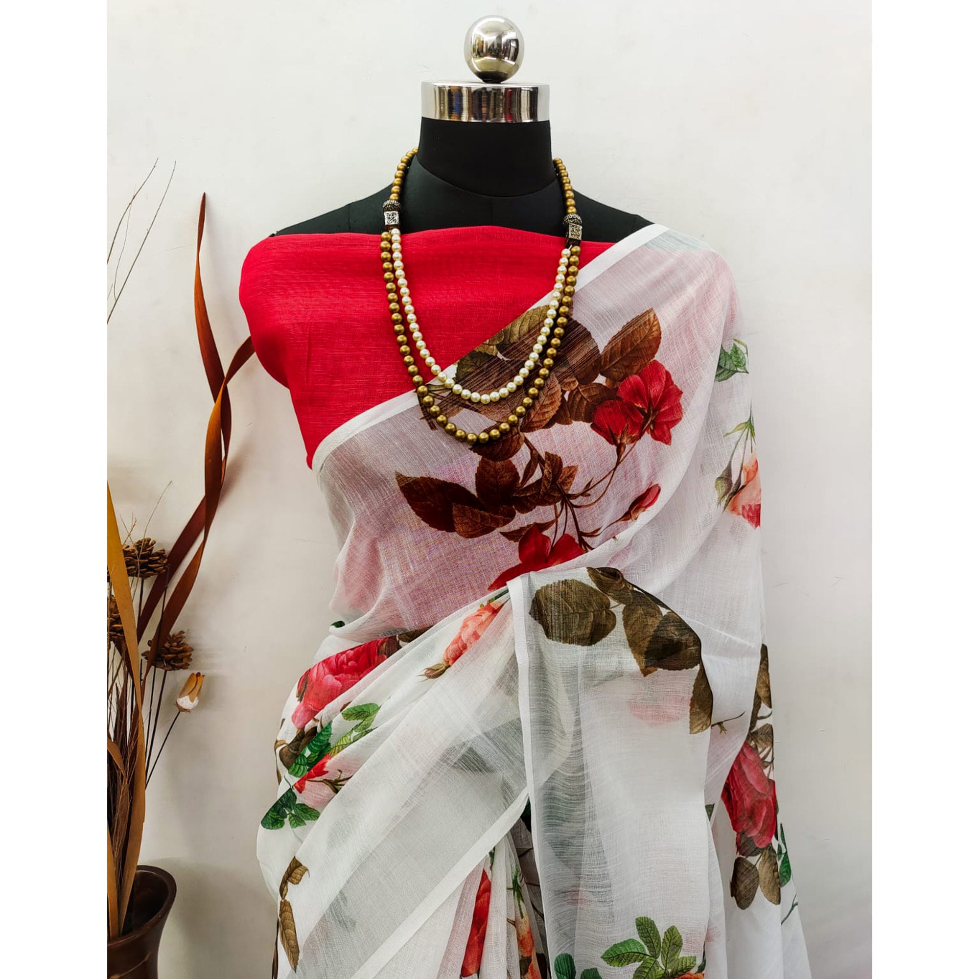 White Digital Printed Linen Saree with Zari Border