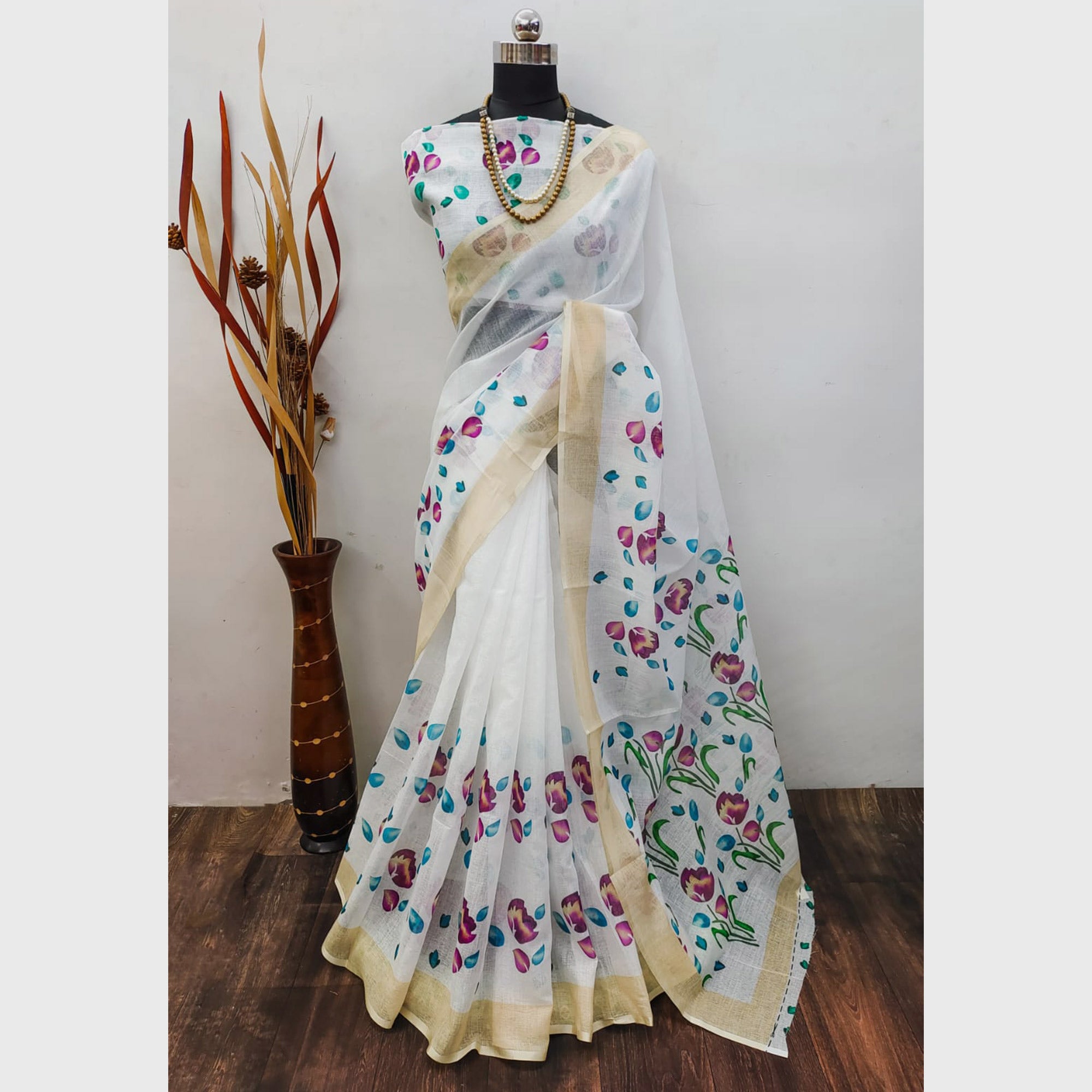 White Floral Digital Printed Linen Saree with Zari Border