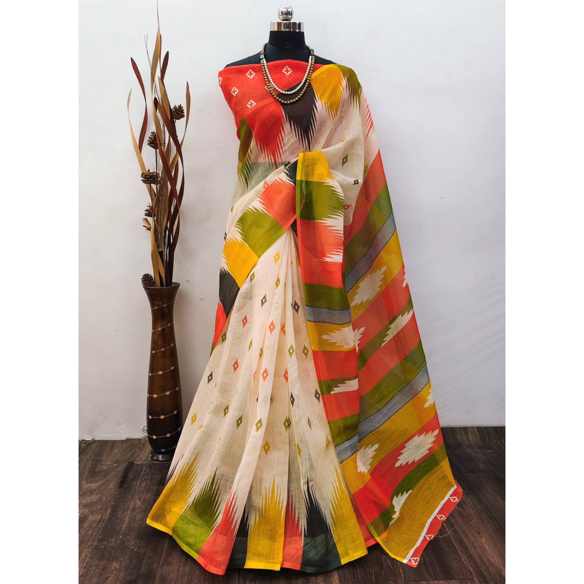 Classic Cream Linen Cotton Drape Featuring Ikkat-Inspired Prints
