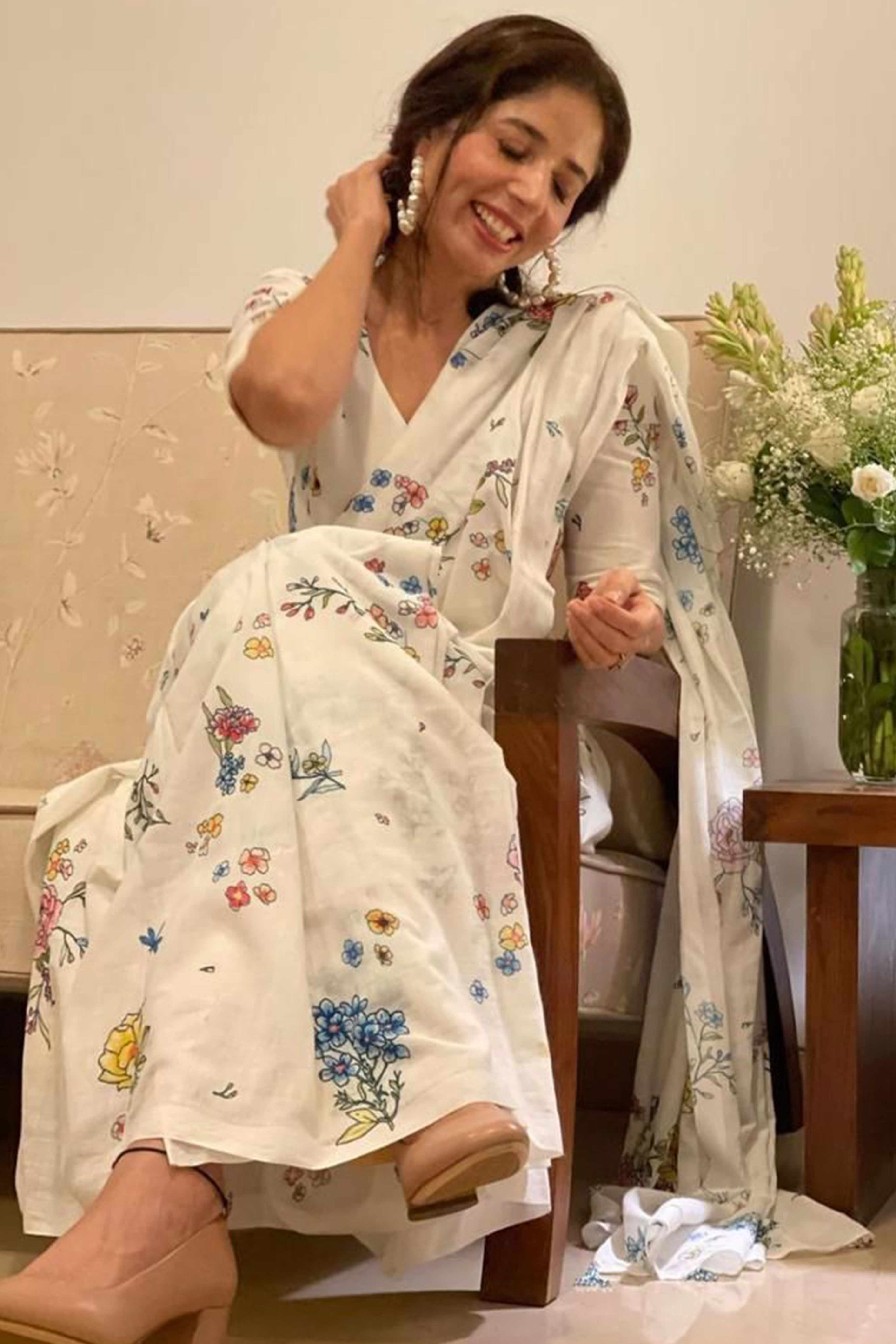 Classic Off White Linen Cotton Drape Featuring Floral Prints
