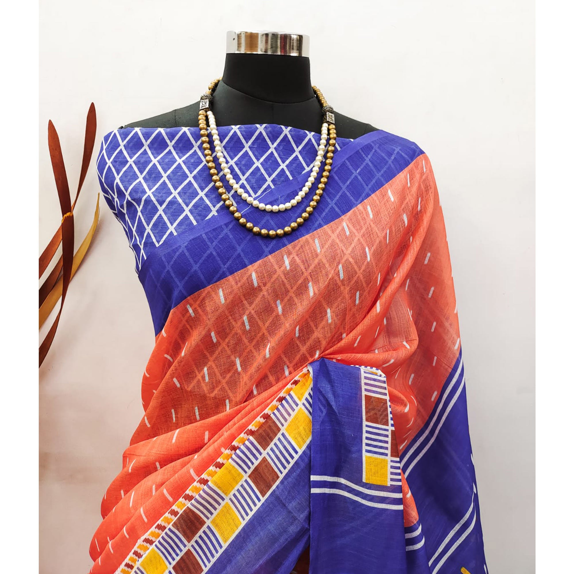 Peach Ikkat Printed Linen Saree