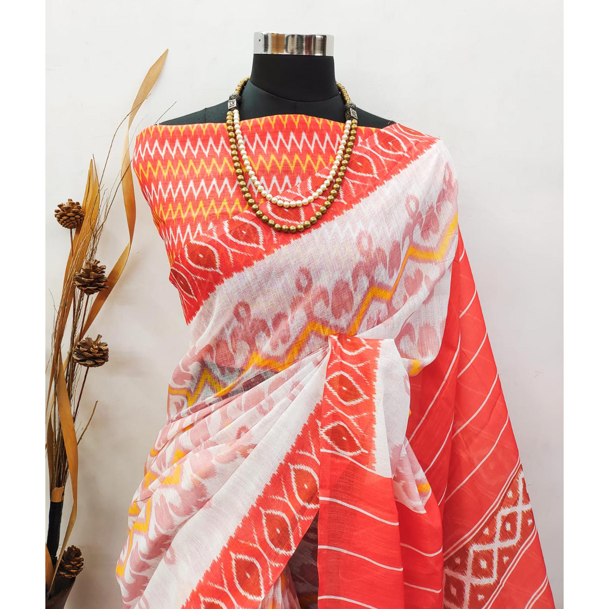 White Ikkat Printed Linen Saree