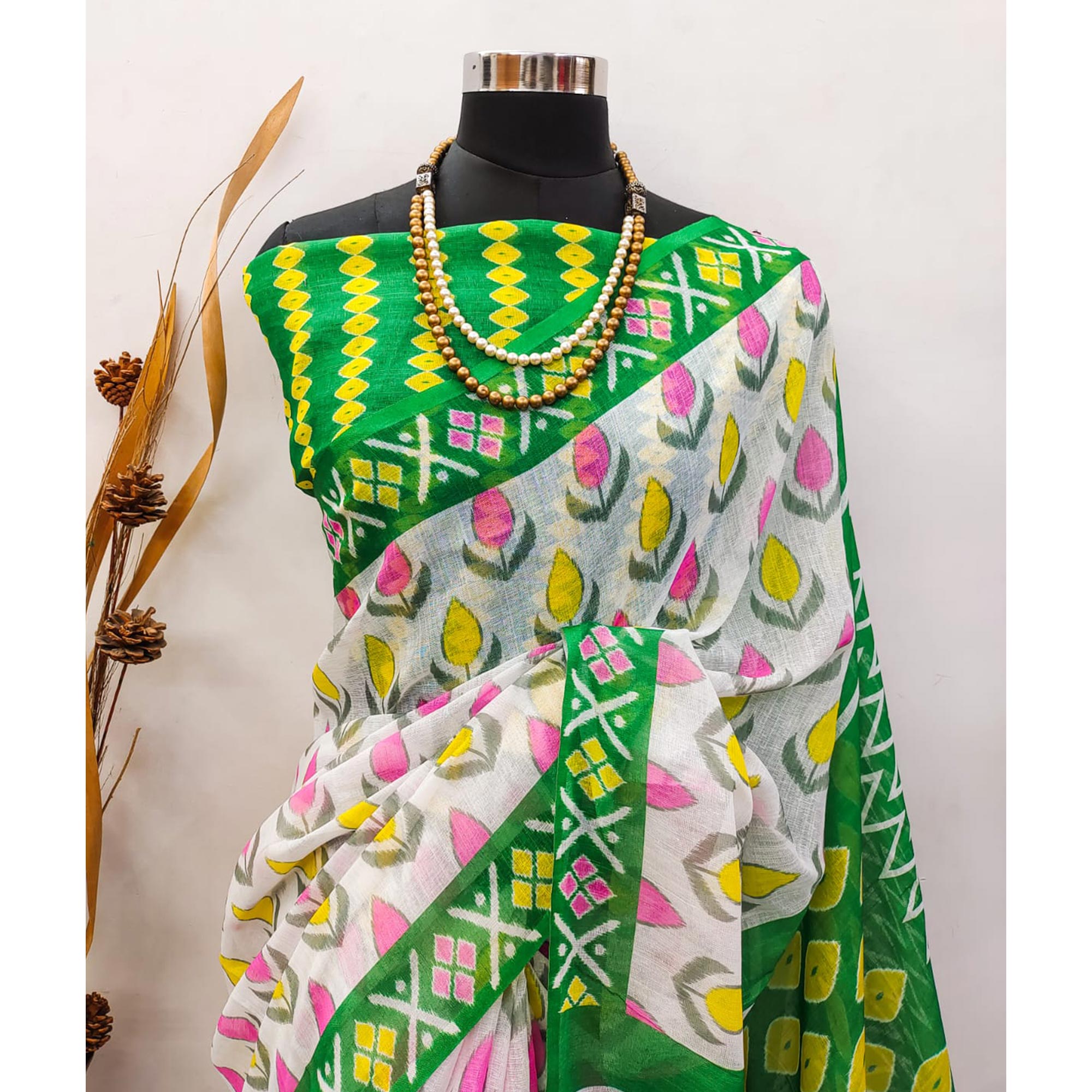 White Ikkat Printed Linen Saree