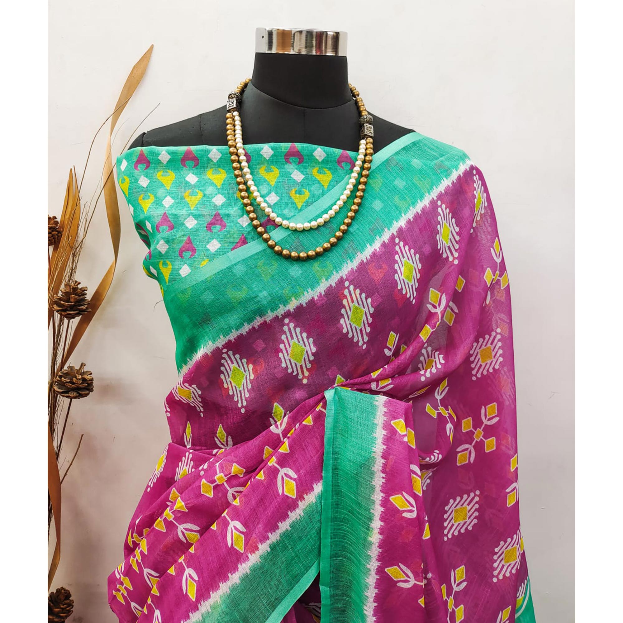 Pink Ikkat Printed Linen Saree