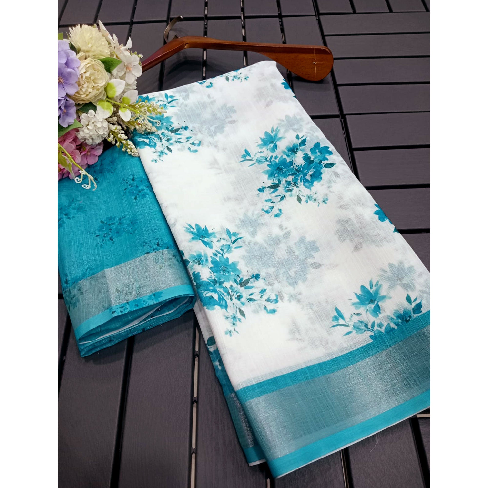 White & Sky Blue Floral Digital Printed Linen Saree