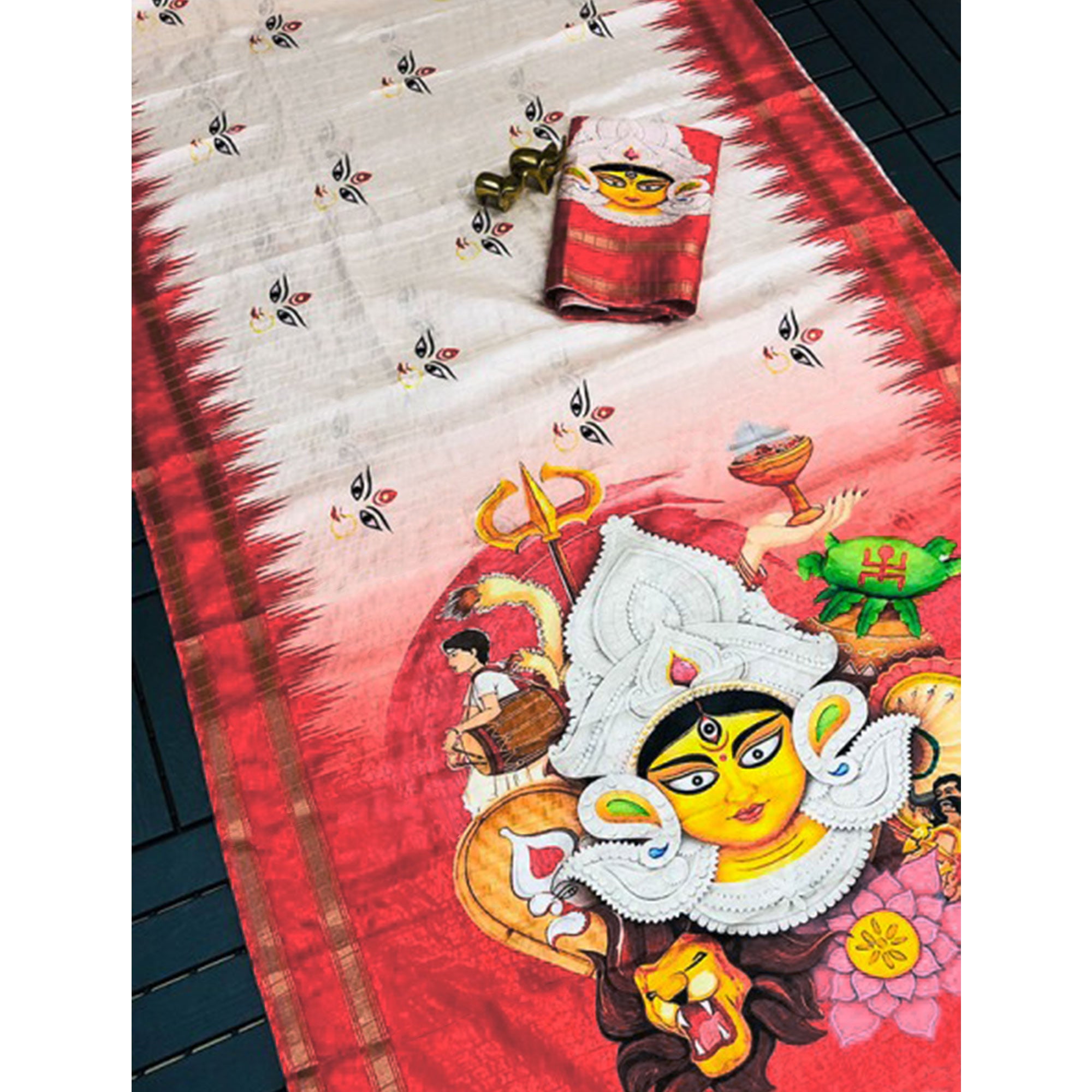 White & Red Goddest Printed Linen Saree